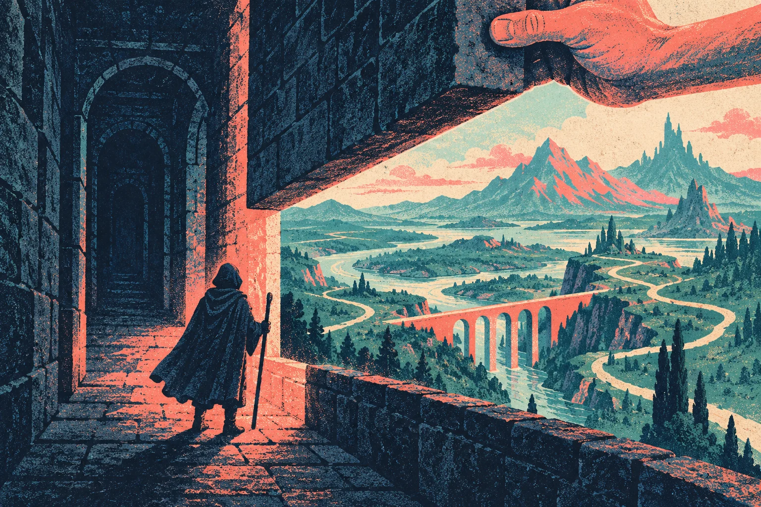 A cloaked traveler stands in a dark stone passage overlooking a fantastical mountain landscape, winding rivers, and an arched bridge beneath a giant hand lifting a wall.