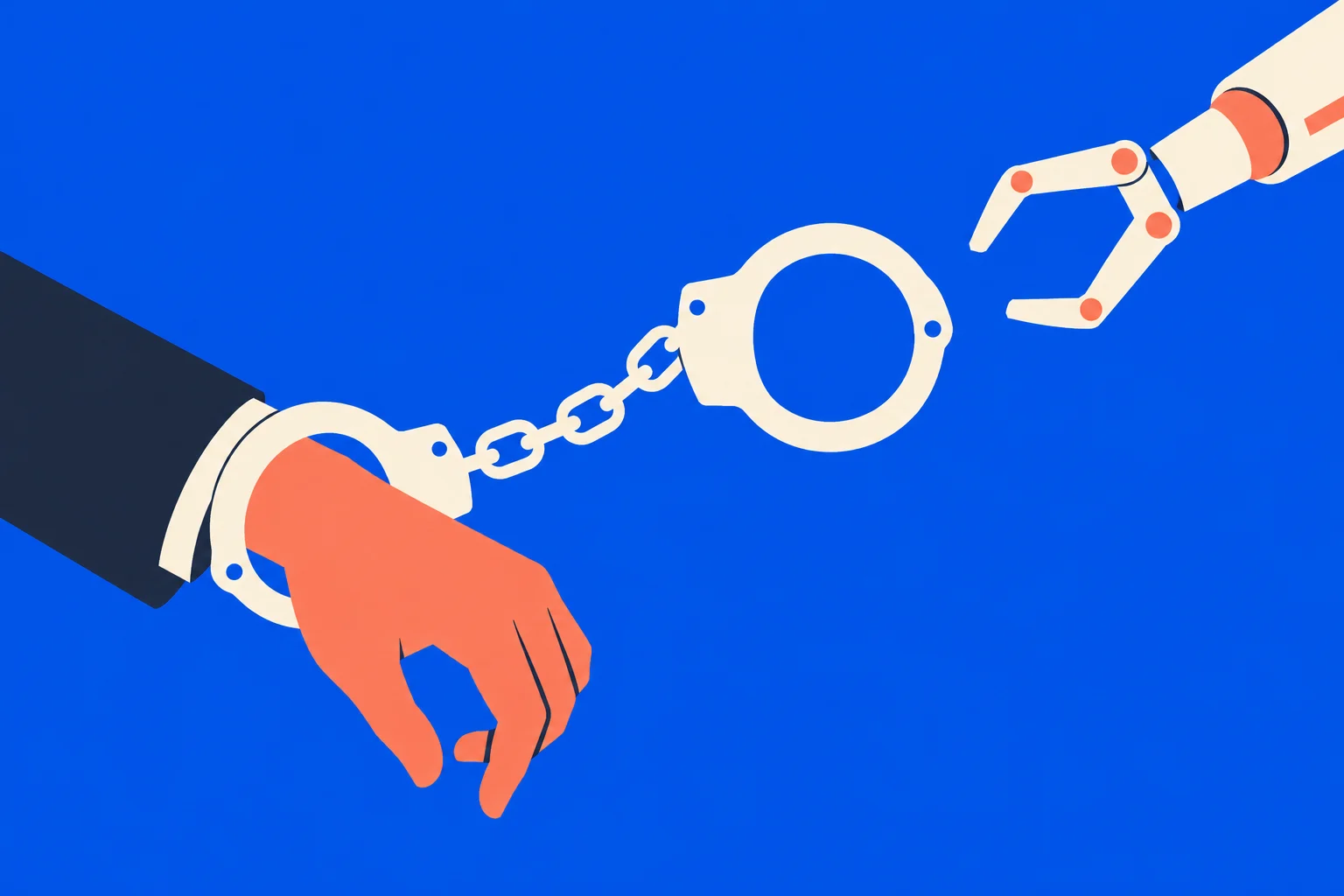 A human wrist in a handcuff is chained to an empty cuff as a robotic hand reaches toward it against a blue background.