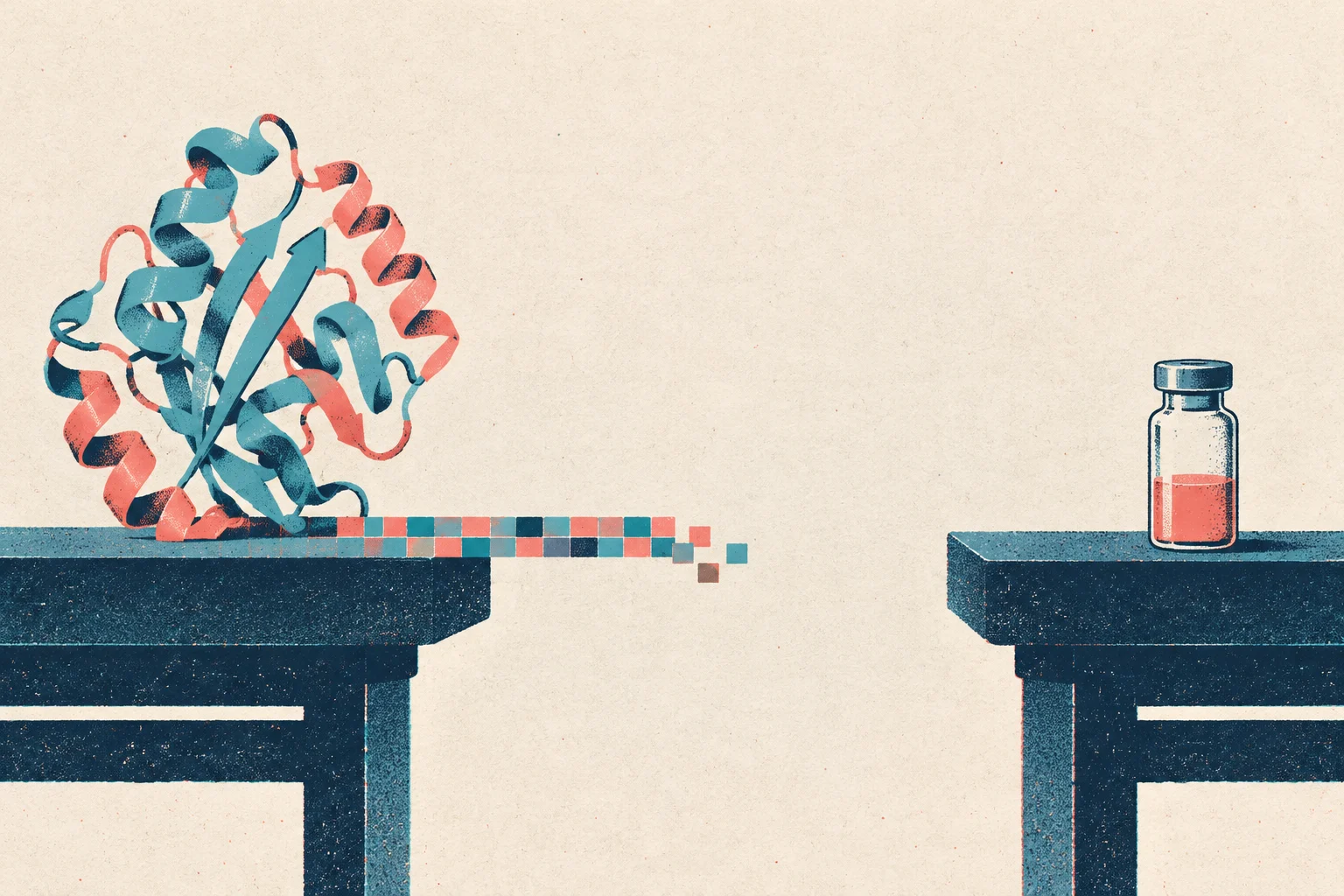 A teal and coral protein ribbon sits on one table, with colored squares trailing toward a gap and a small vial on another table.