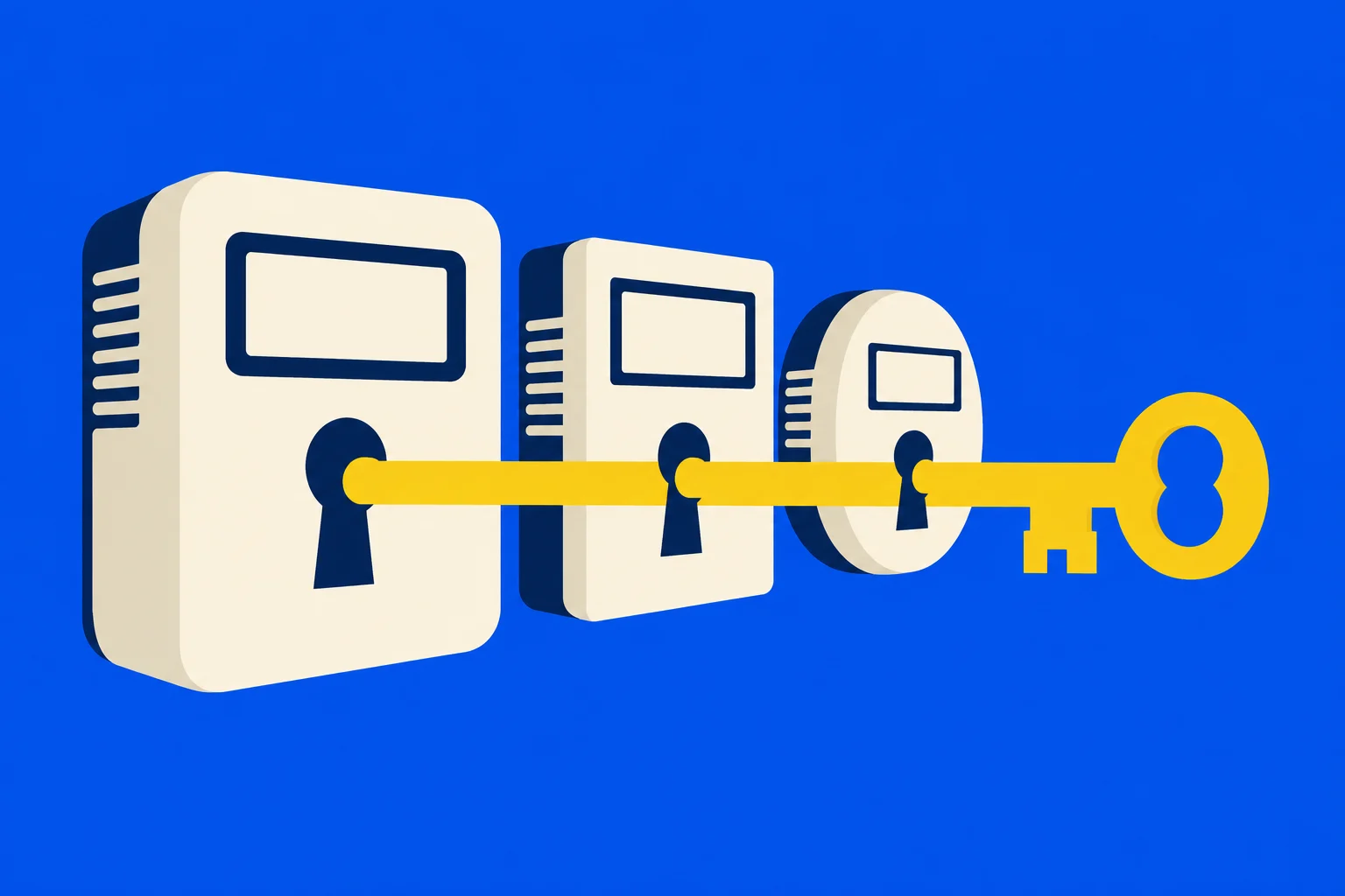 A long yellow key passes through keyholes in three cream-colored locks of decreasing size against a bright blue background.