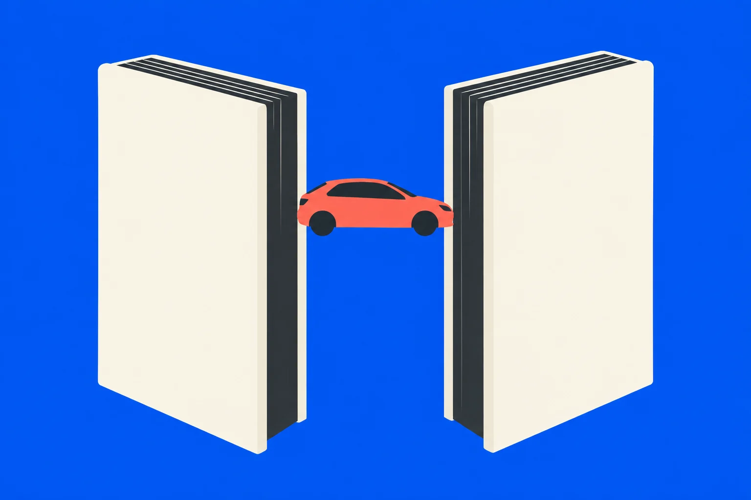 A red car floats between two tall, partially open cream-colored books with dark pages against a bright blue background.