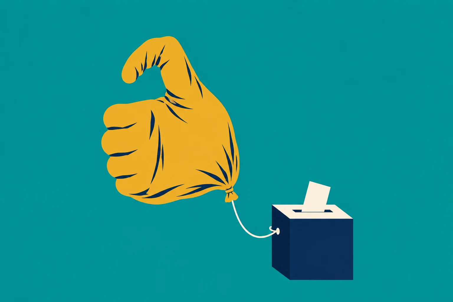 A yellow thumbs-up balloon is tethered by a white string to a navy ballot box with a cream ballot sticking out, against a teal background.