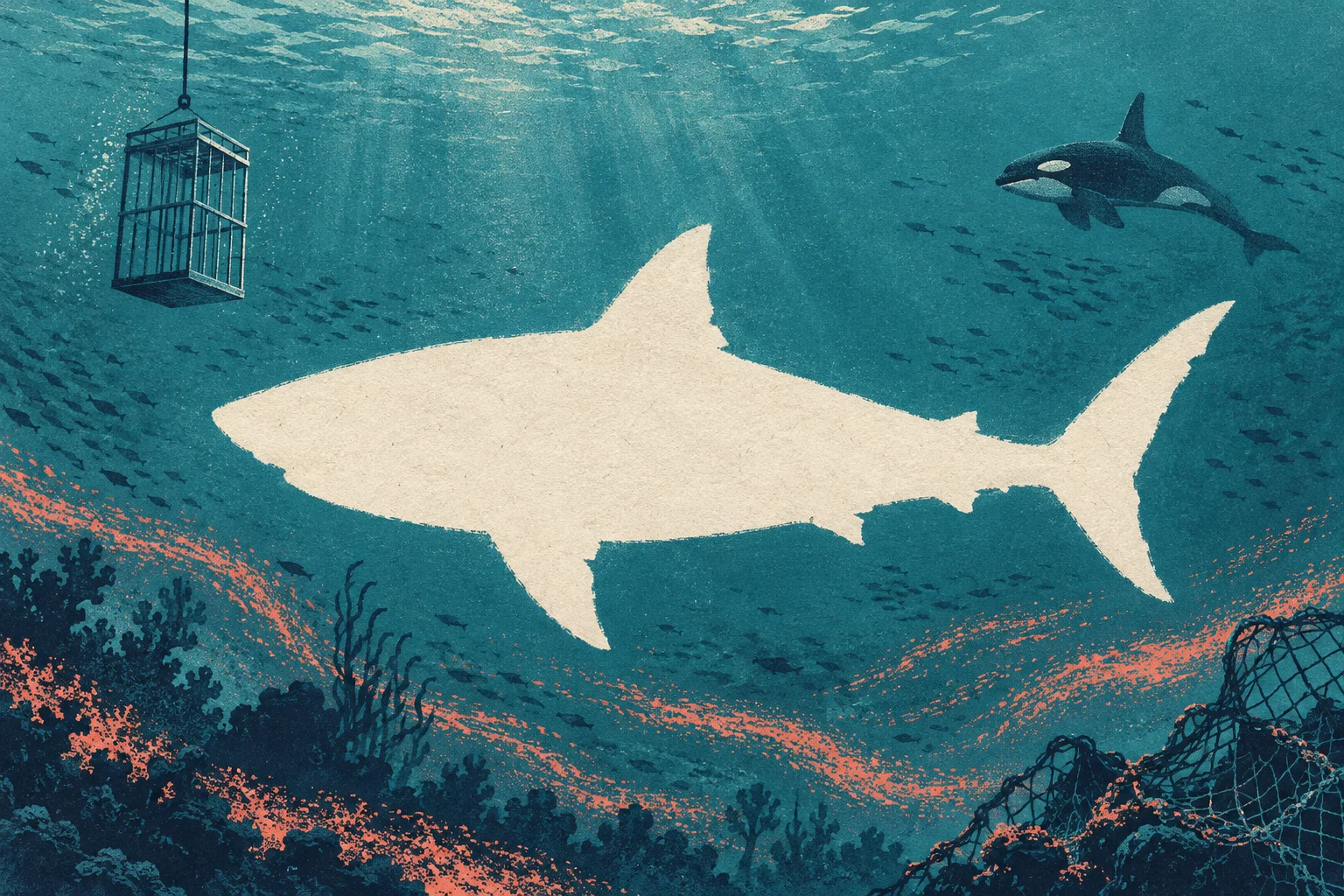 A large cream shark silhouette dominates a textured underwater scene with an orca, suspended diving cage, schools of fish, coral, and discarded fishing nets.