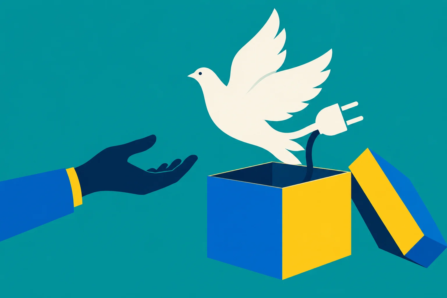 A white dove with an electrical plug emerges from an open blue and yellow box toward an outstretched hand against a teal background.