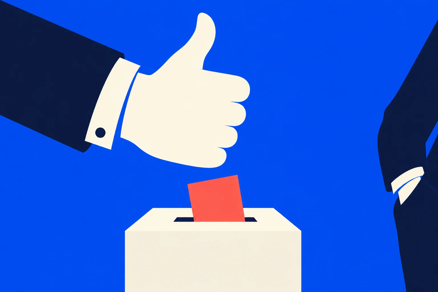 A large thumbs-up hand hovers above a ballot box with a red ballot, beside a partially visible suited figure against a bright blue background.