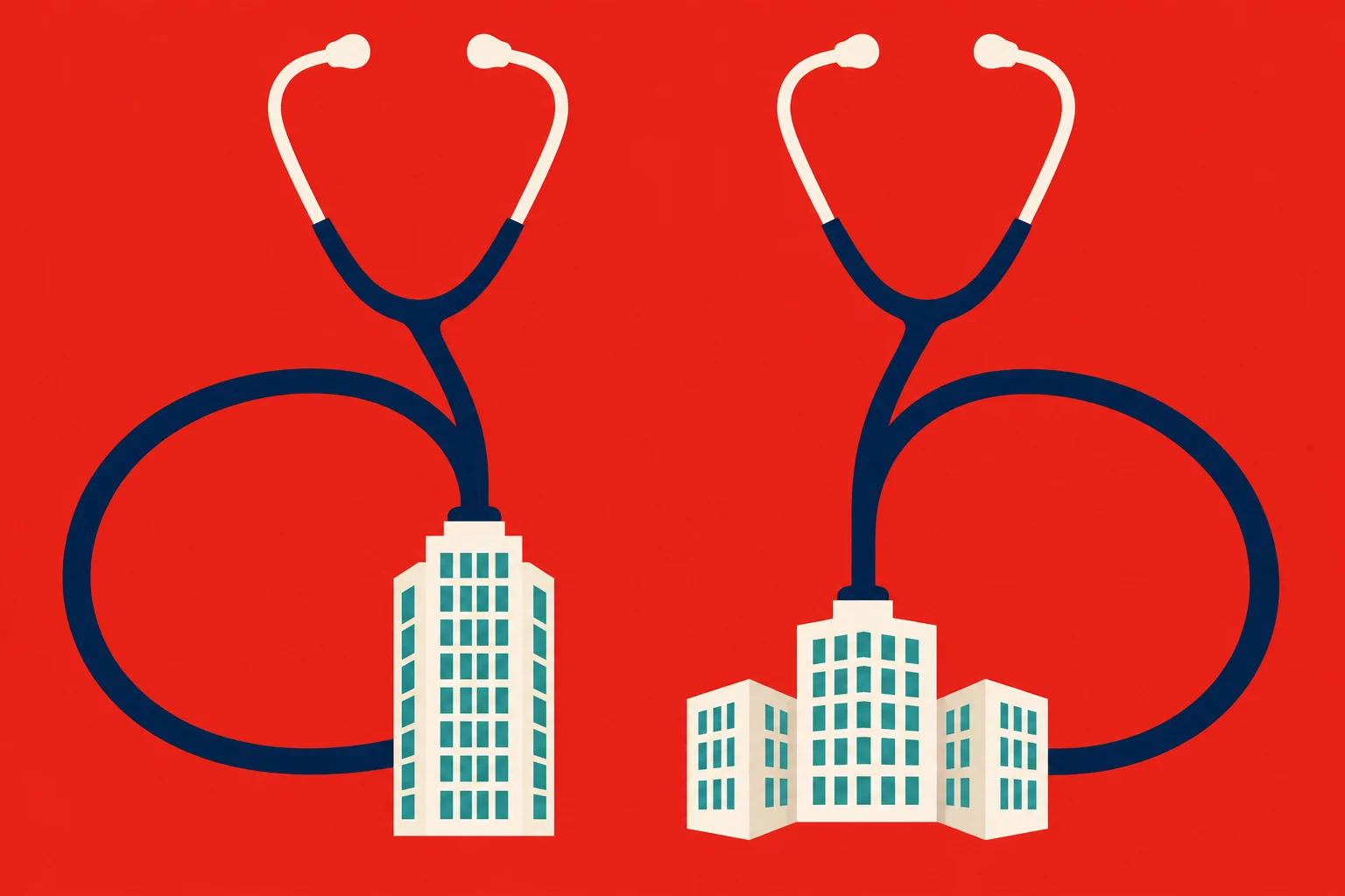 Two stethoscopes with dark blue tubing loop around cream-colored hospital buildings against a bright red background.