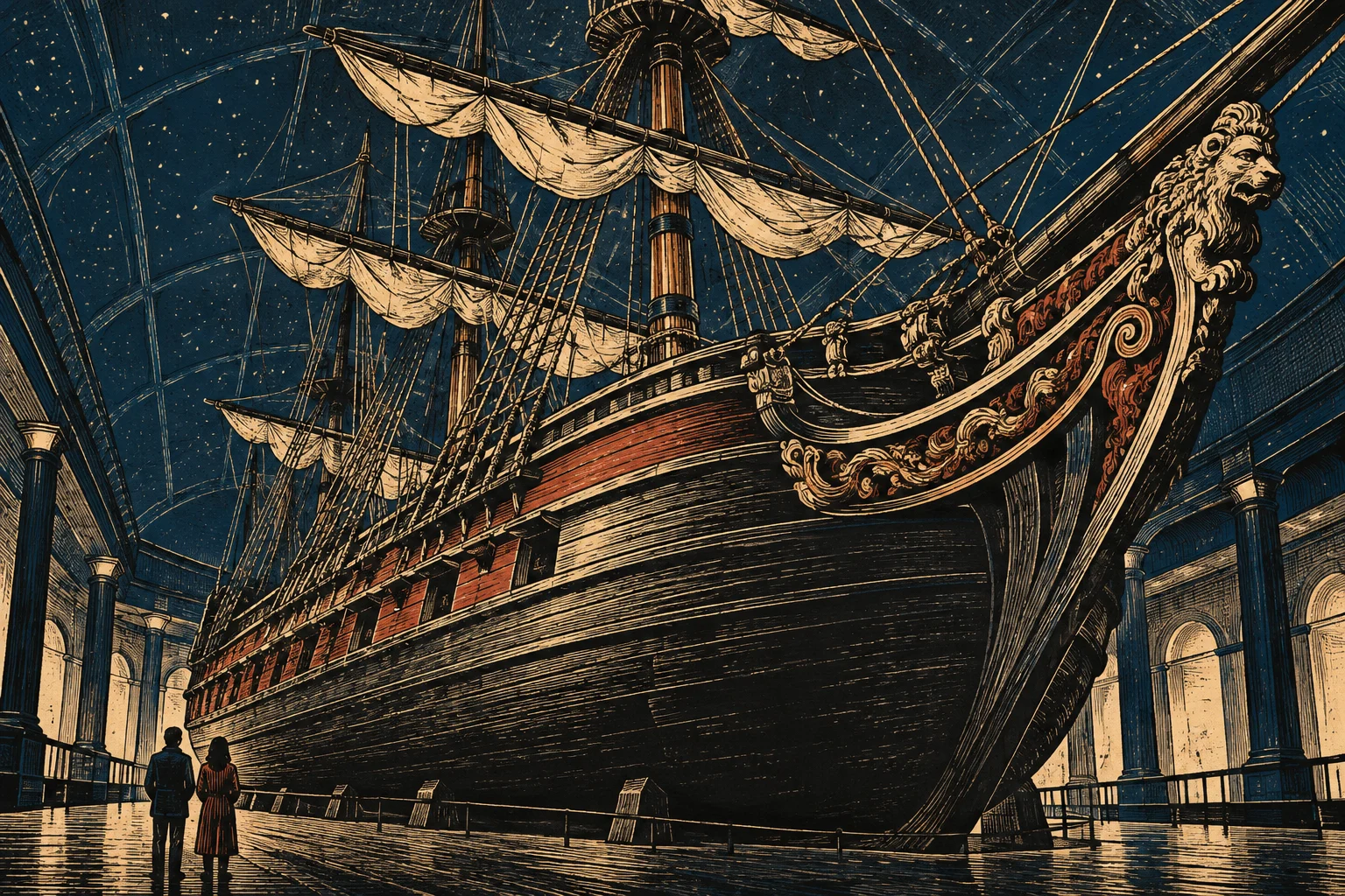 Two visitors stand beside an enormous ornate wooden sailing ship displayed inside a grand columned hall, rendered in gold, dark blue, and rust tones.