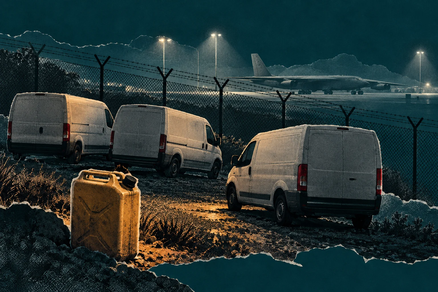 Three white vans and a yellow fuel can sit outside a barbed-wire airport fence, with a large airplane under floodlights at night.