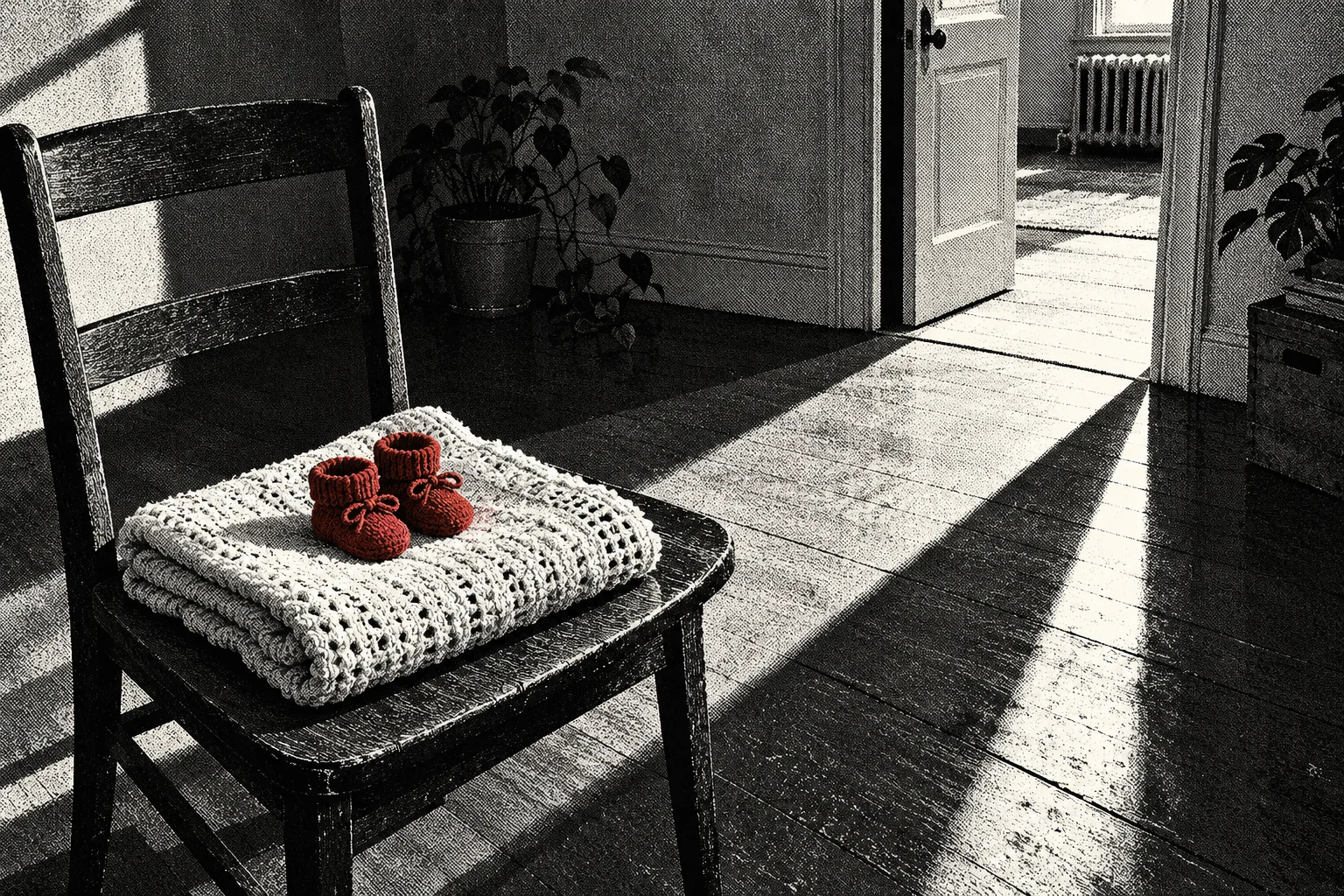 Red knitted baby booties rest on a folded white crocheted blanket on a wooden chair, with sunlight streaming through an open doorway across the floor.