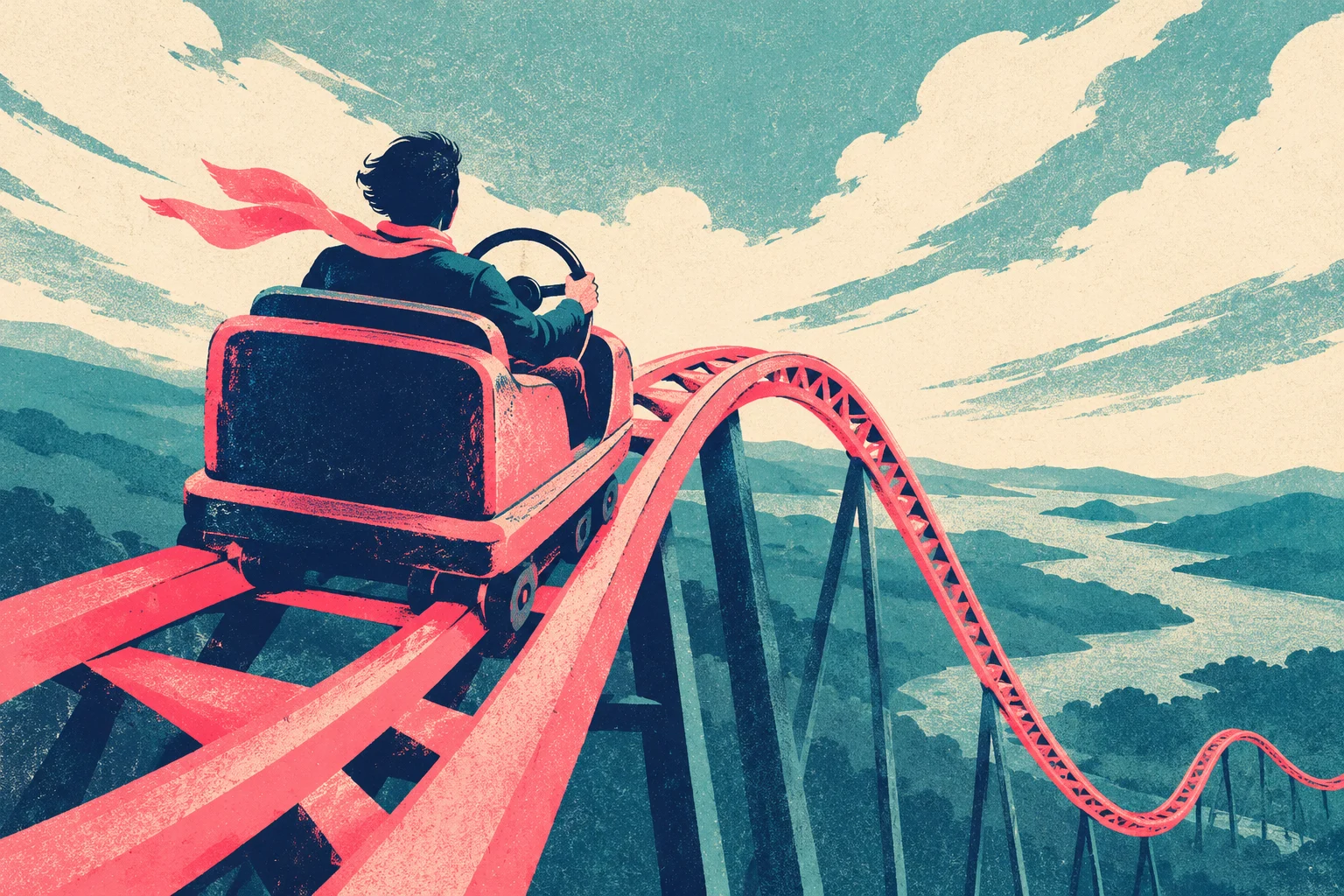 A person wearing a red scarf steers a roller coaster car toward a steep descent above a mountainous landscape with winding waterways.