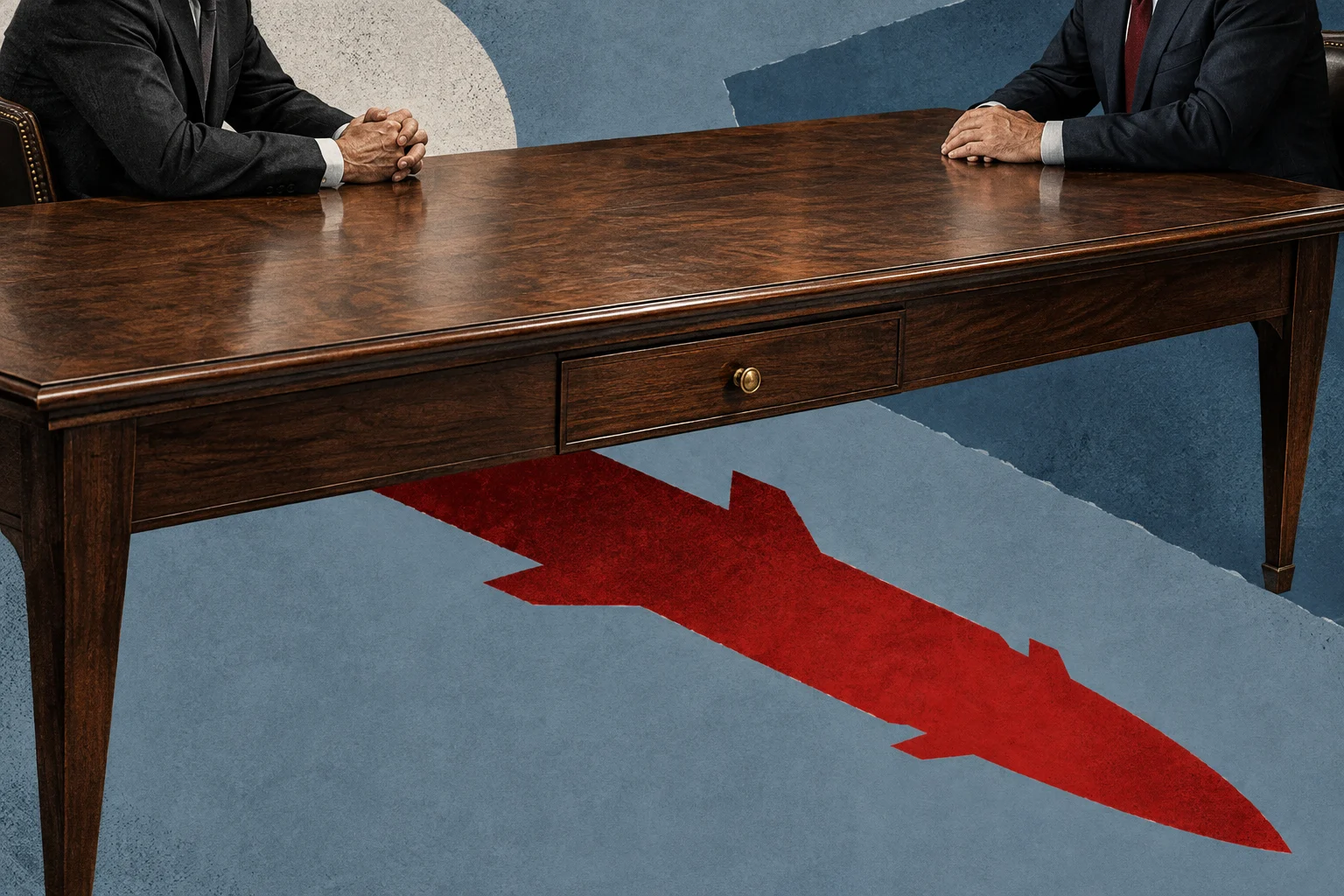 Two suited men sit across a large wooden desk, with a red missile-shaped shadow stretching beneath it across a textured blue floor.