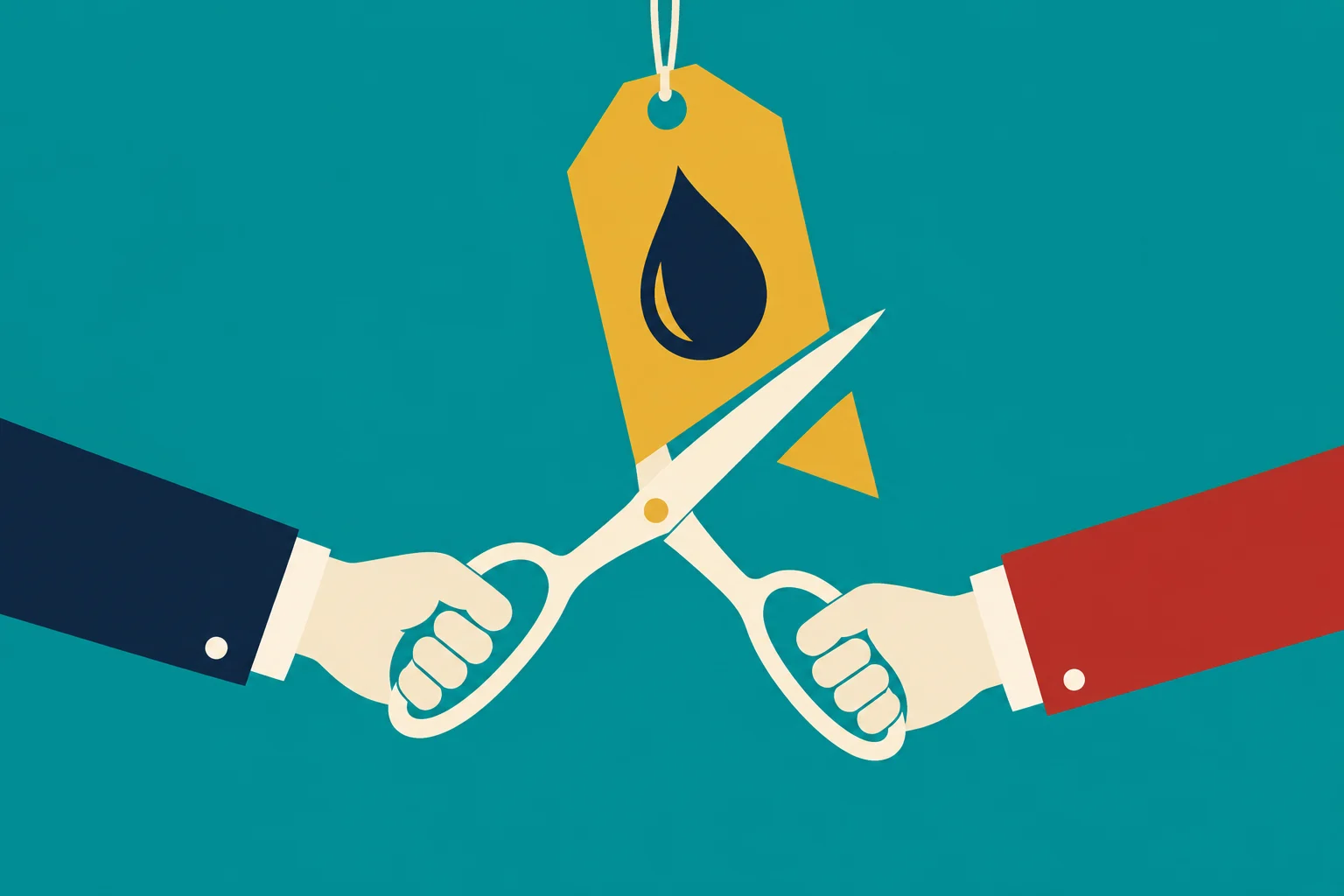 Two hands in navy and red sleeves hold scissors cutting a yellow price tag bearing a dark oil drop against a teal background.