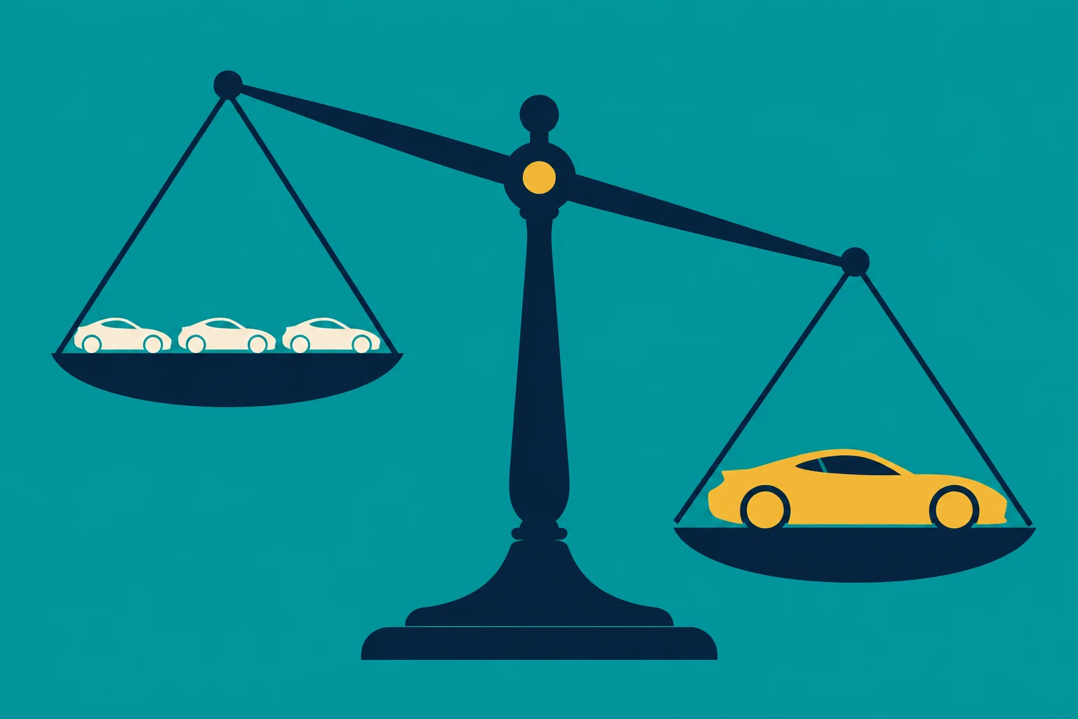A tilted balance scale holds three small white cars on the higher left pan and one large yellow car on the lower right pan.
