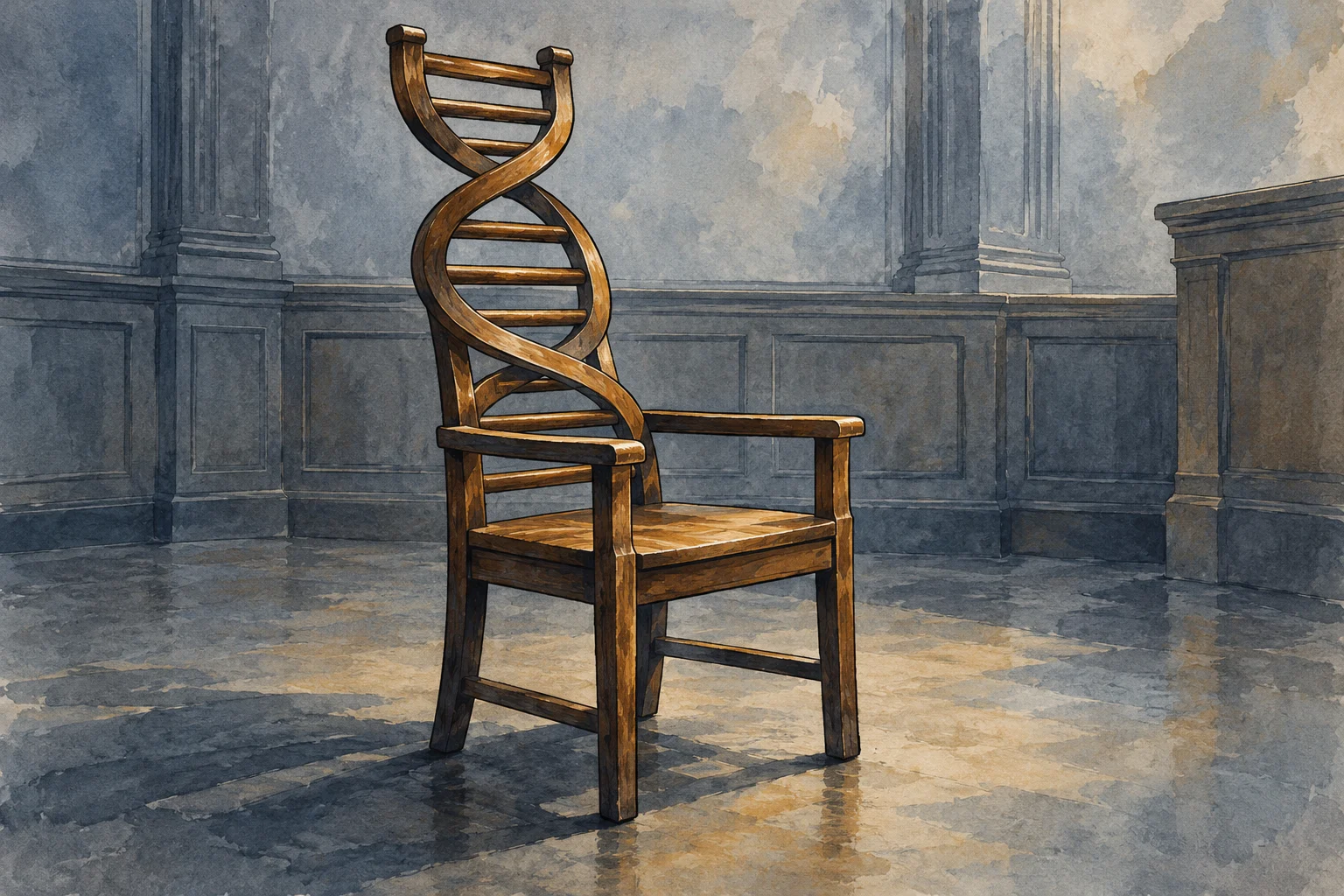 A wooden armchair with a tall DNA double helix backrest stands in a gray paneled room, casting shadows across the stone floor.