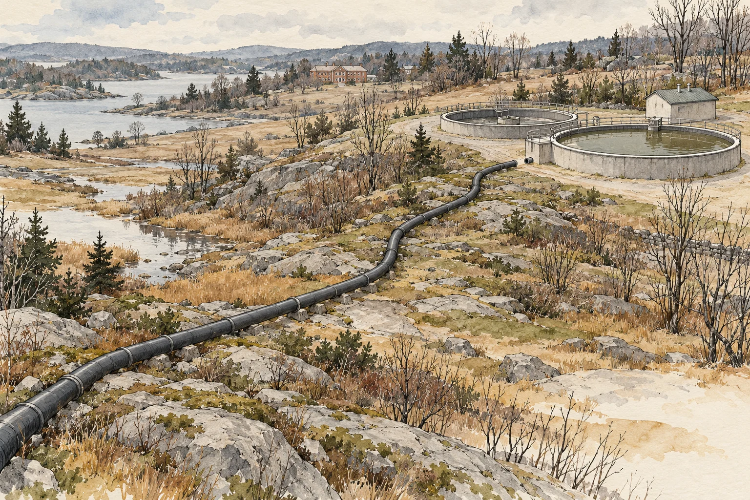A watercolor landscape shows a large black pipeline crossing rocky grassland toward two circular water treatment tanks, with a lake, trees, and distant buildings.
