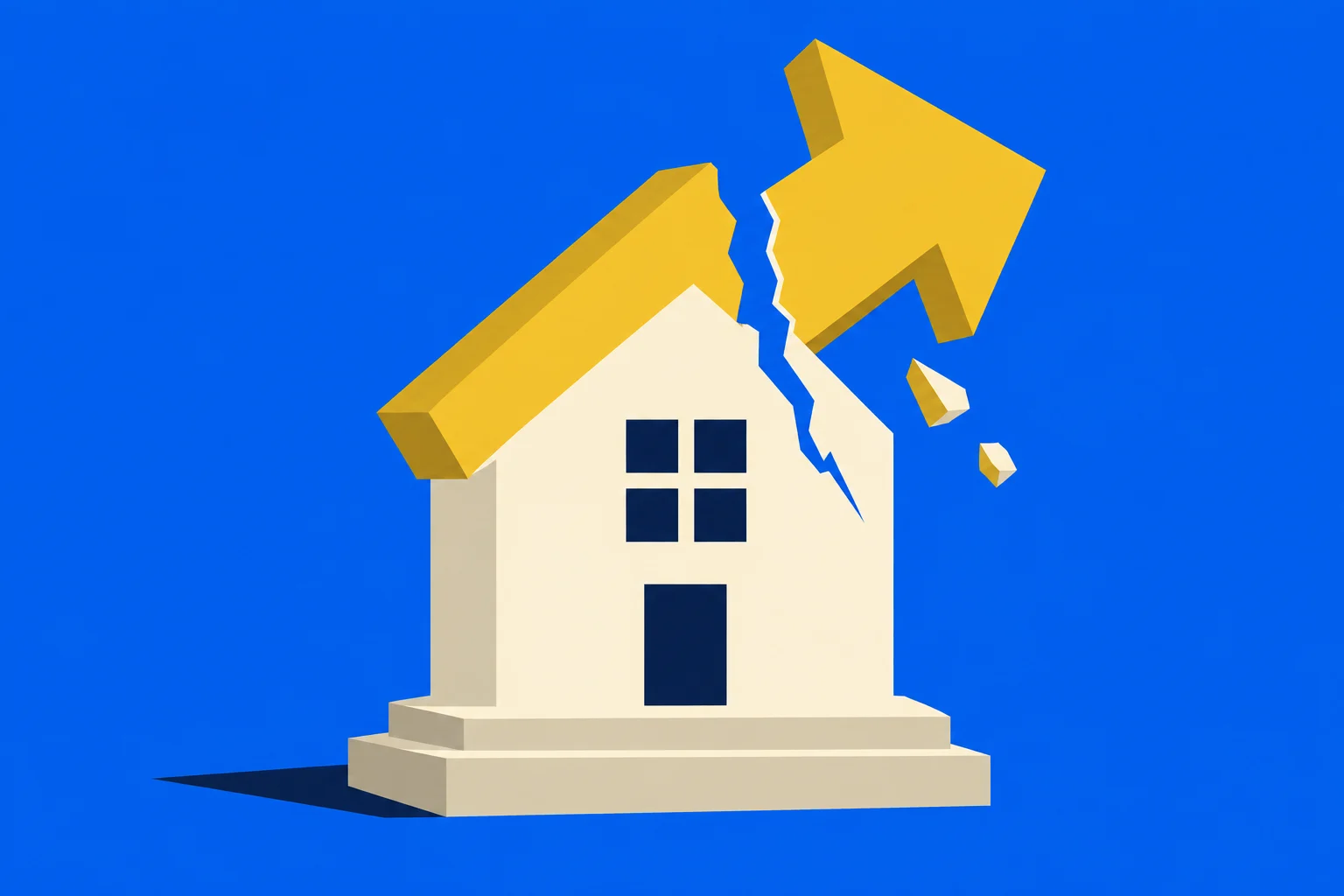 A cream-colored house with a cracked yellow roof forming an upward arrow stands against a blue background, with fragments falling beside it.