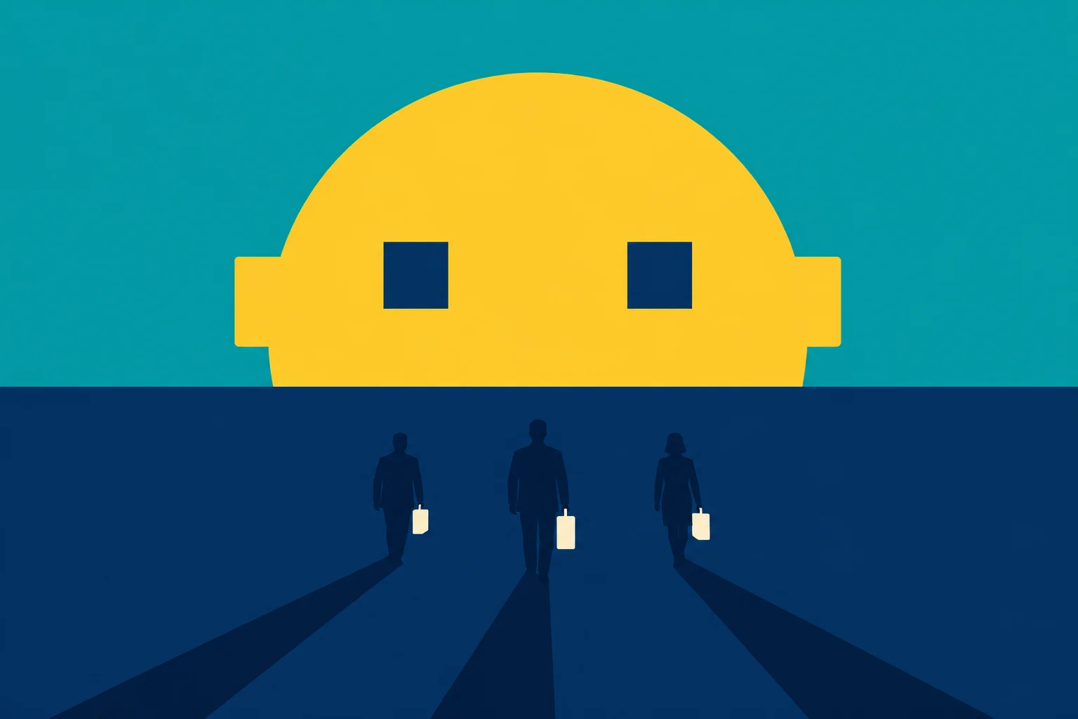 Three silhouetted people carrying glowing briefcases cast long shadows beneath a giant yellow robot head against a teal background.