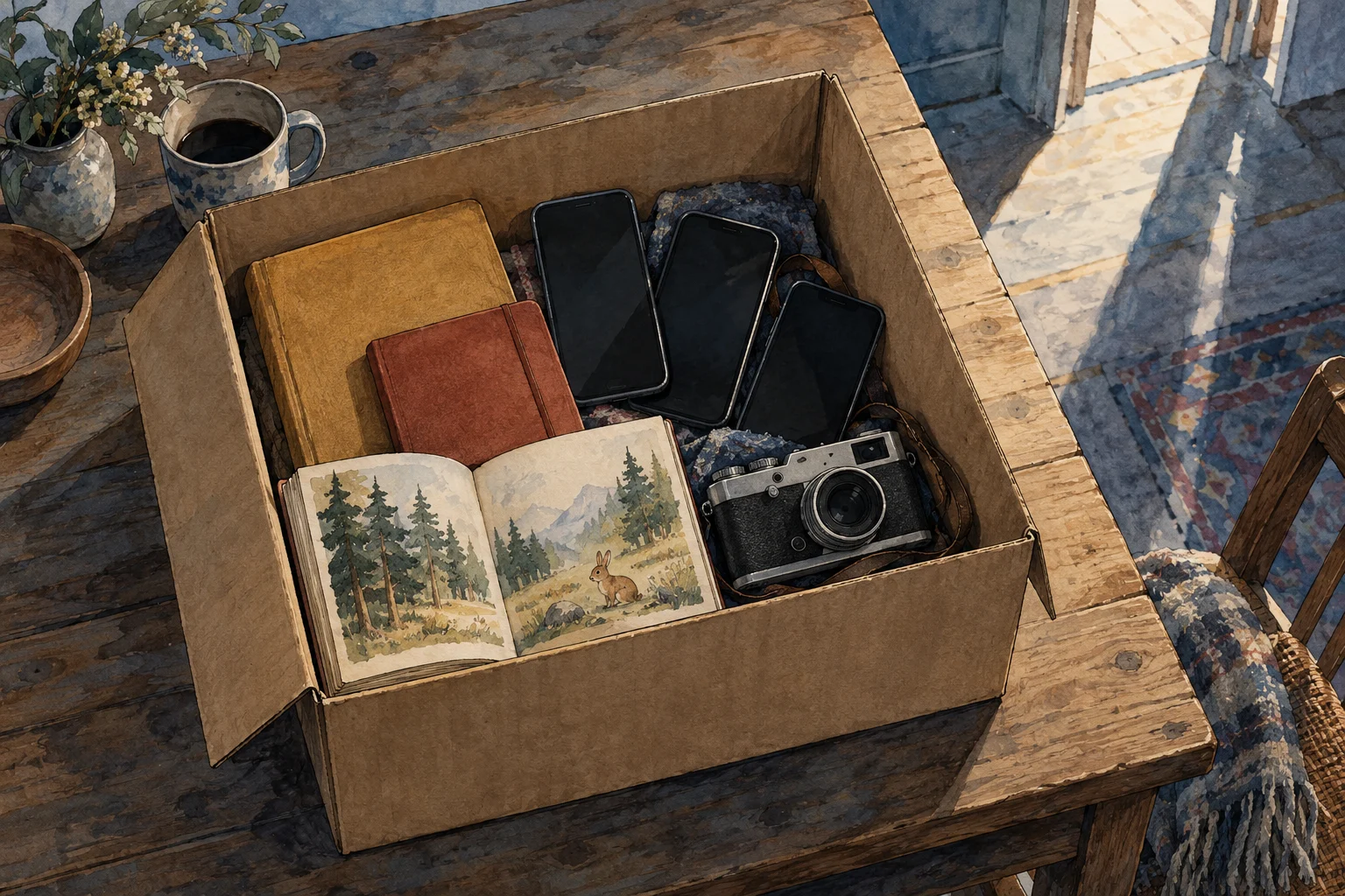An open cardboard box on a rustic wooden table holds books, three smartphones, and a vintage camera, with sunlight streaming through a nearby doorway.