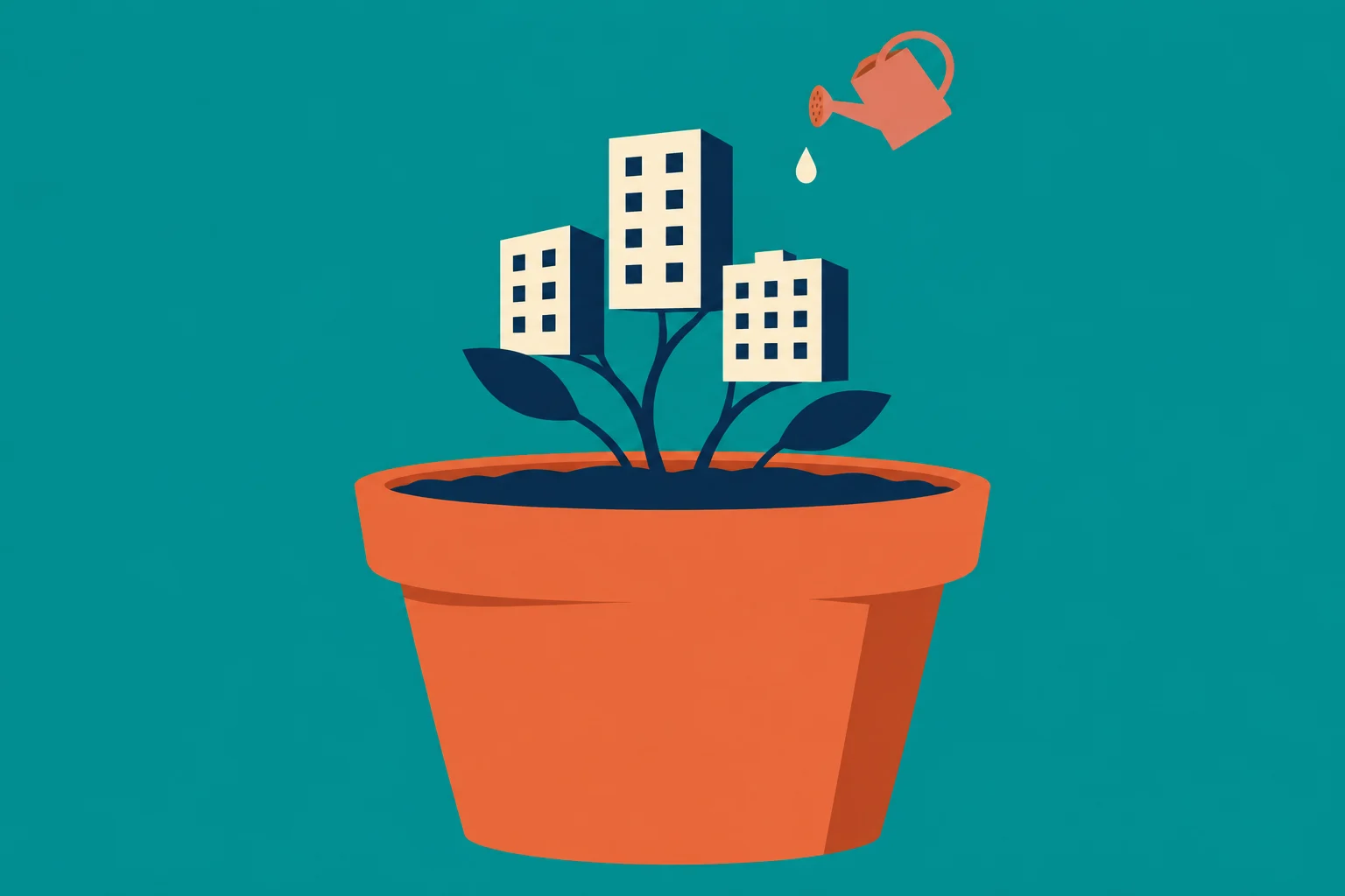 Three buildings grow like plants from an orange flowerpot against a teal background, with a watering can and droplet above.