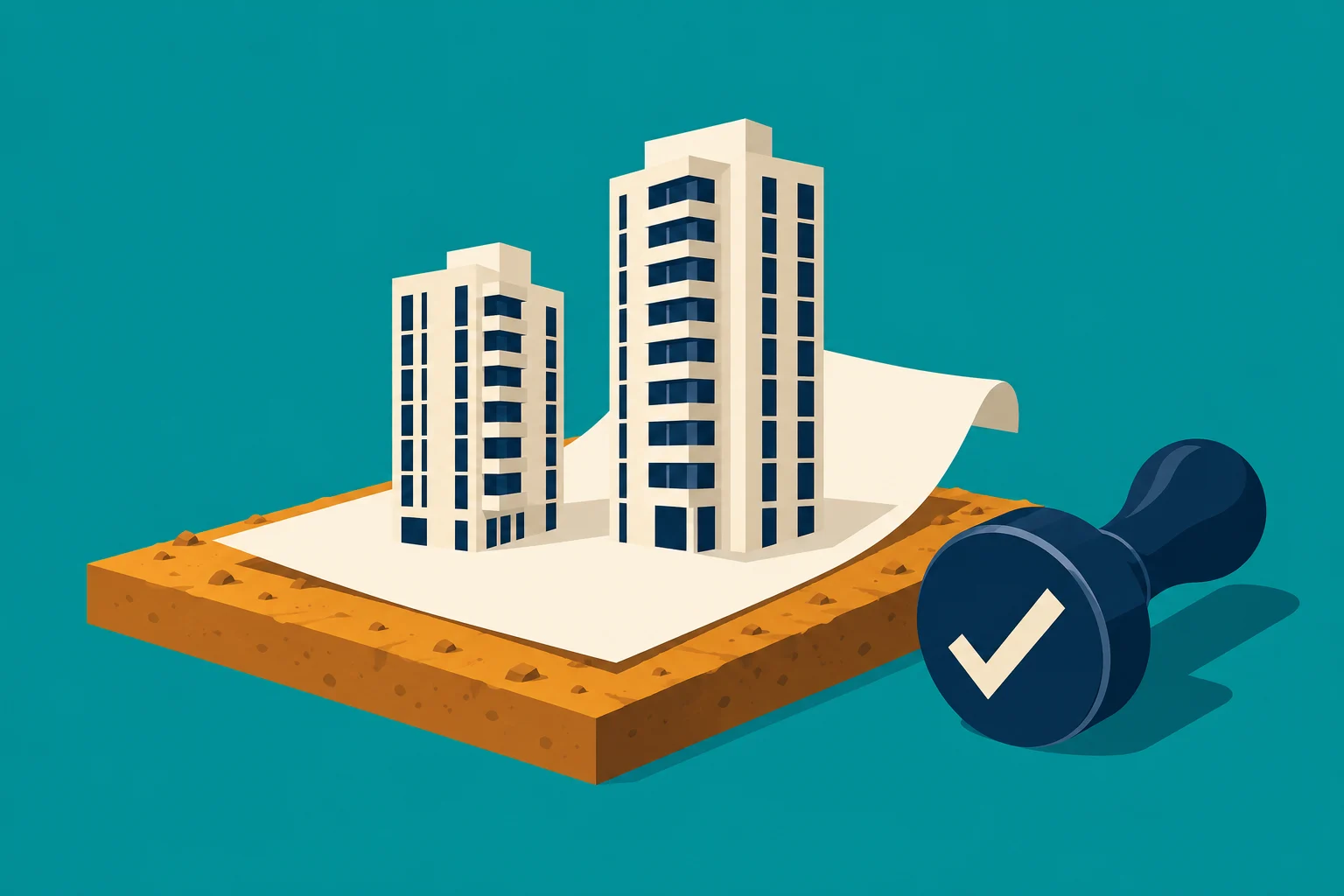 Two cream apartment towers stand on a curling plan atop a soil slab, beside a large blue approval stamp bearing a cream check mark.