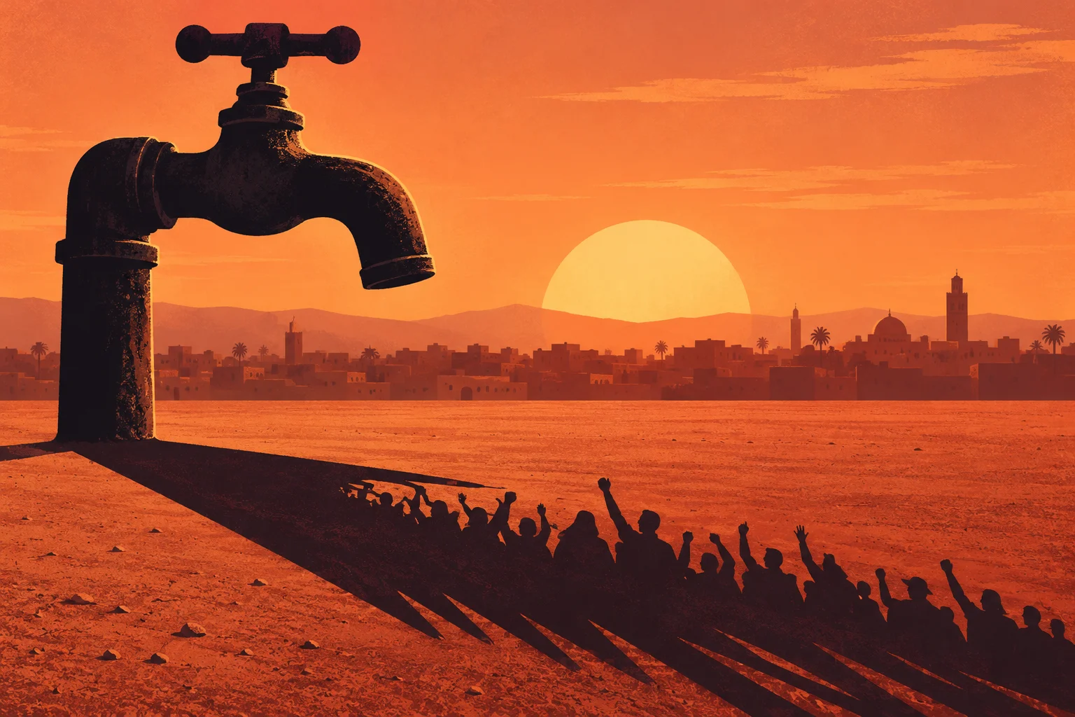 A giant dry faucet towers over a parched landscape, casting a shadow filled with raised-arm silhouettes toward a distant city beneath an orange sunset.