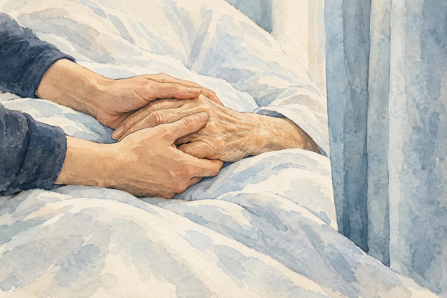 A watercolor shows two younger hands gently holding an elderly person's hand on white bedding beside a pale blue curtain.