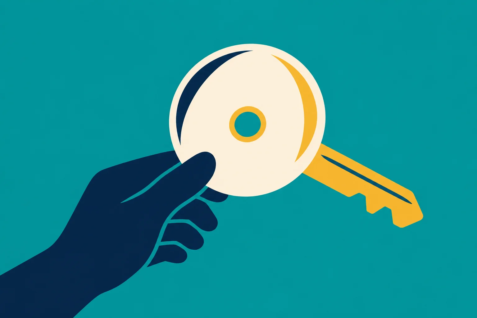 A dark blue hand holds a large cream and gold key against a teal background.