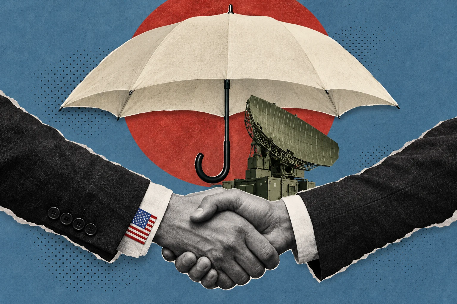 Collage of two suited figures shaking hands beneath a large umbrella, with a US flag cuff, military radar, and red circle against a blue background.