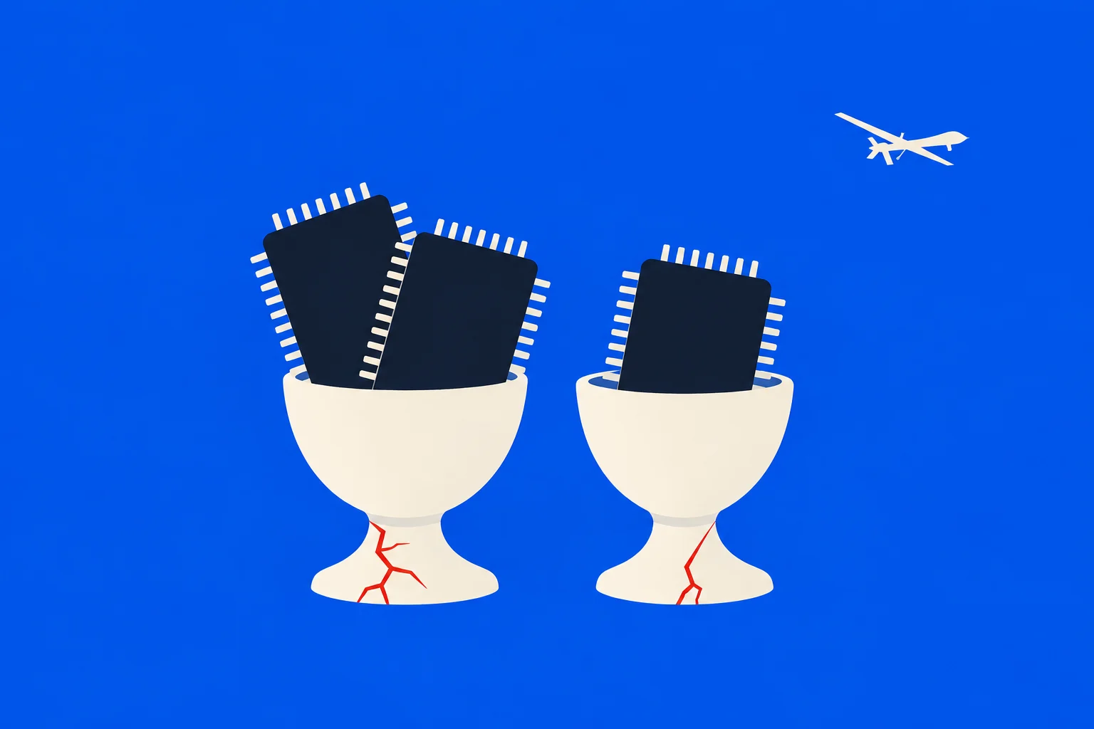Two cracked cream-colored cups hold dark microchips against a bright blue background, with a small cream-colored airplane silhouette in the upper right.