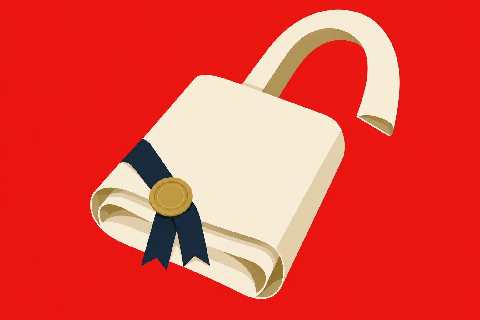 A cream-colored rolled diploma with a dark blue ribbon and gold seal forms an open padlock against a bright red background.