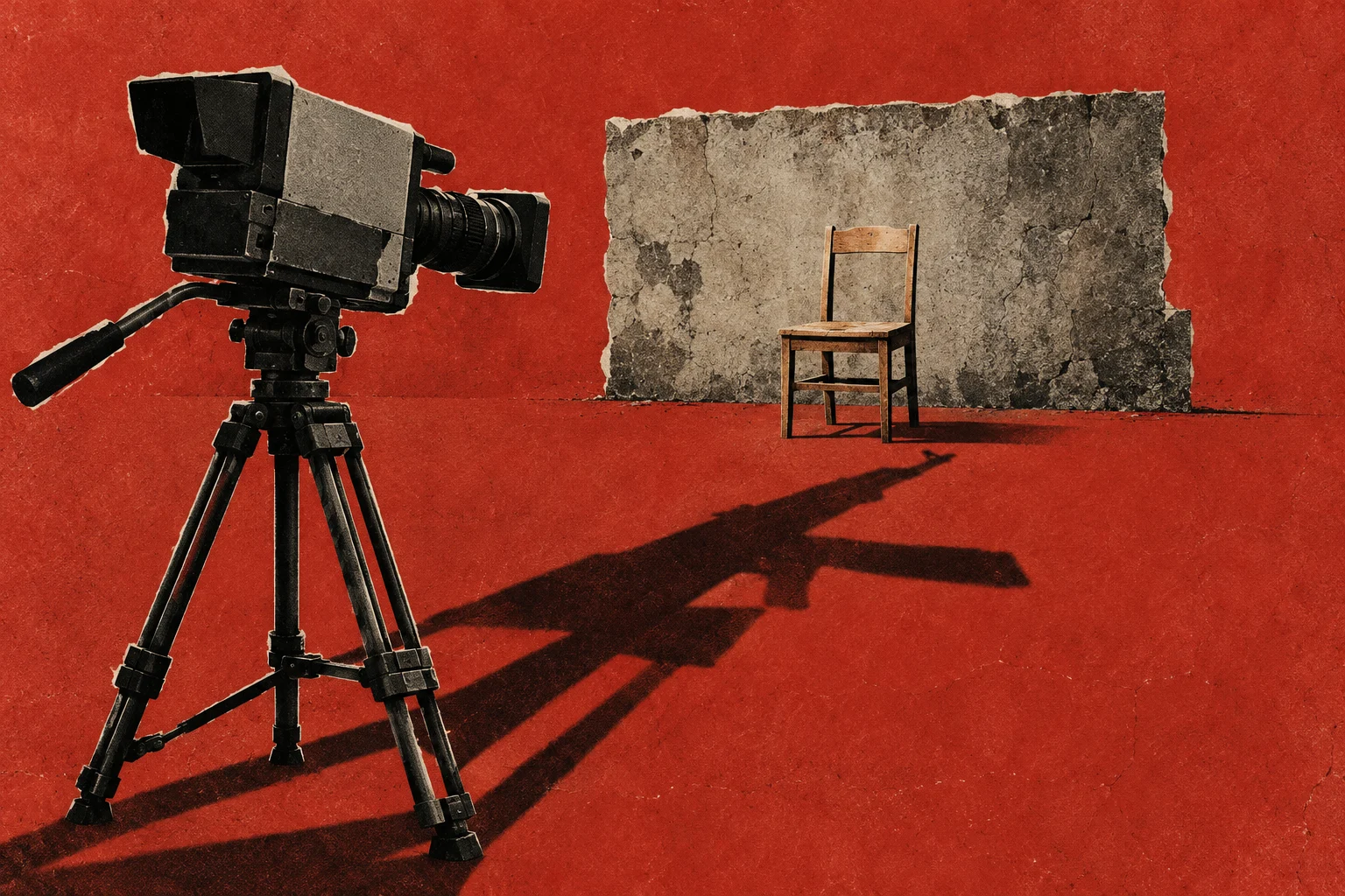 A vintage film camera on a tripod faces an empty wooden chair against a cracked wall, casting a rifle-shaped shadow across a textured red floor.