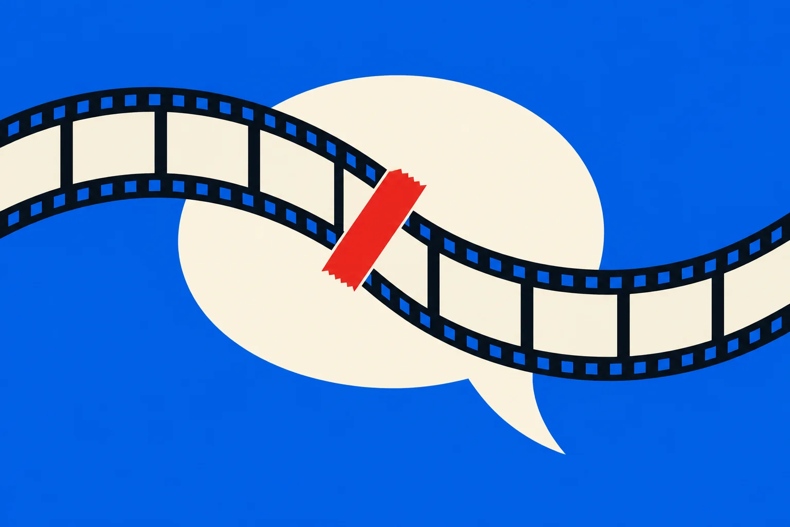 A curved black filmstrip crosses a cream speech bubble on a blue background, with a jagged red strip covering a break in the film.