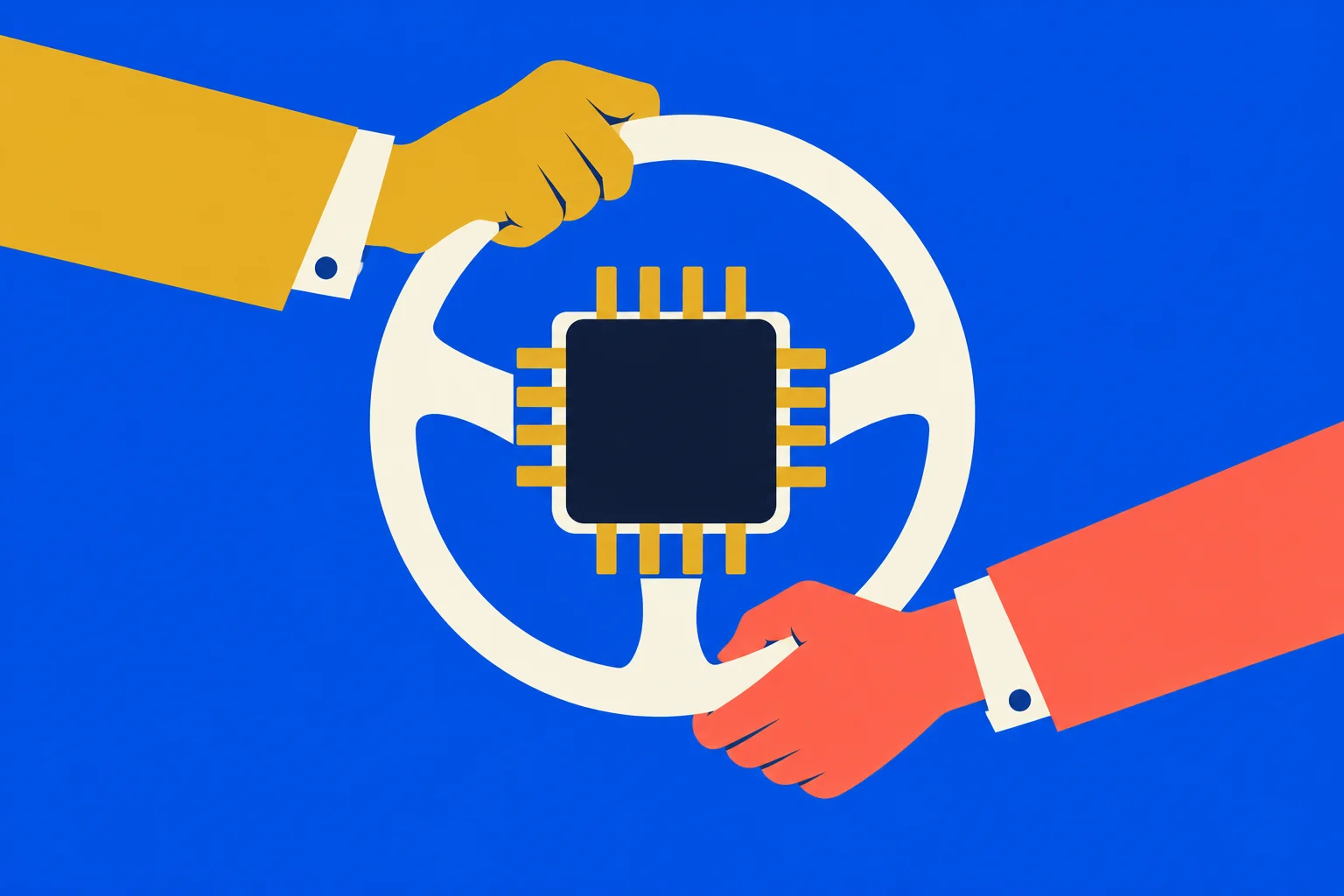 Two hands in yellow and coral sleeves grip a cream steering wheel with a microchip at its center against a bright blue background.