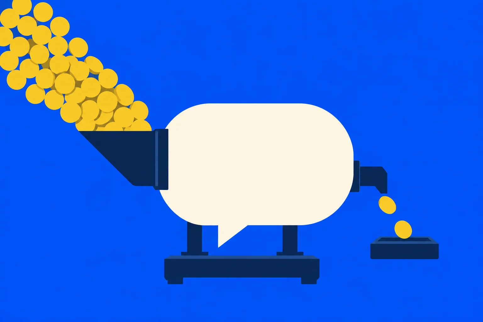 Yellow coins enter a dark funnel attached to a cream speech bubble shaped machine, with two coins dropping from its spout toward a tray against a blue background.