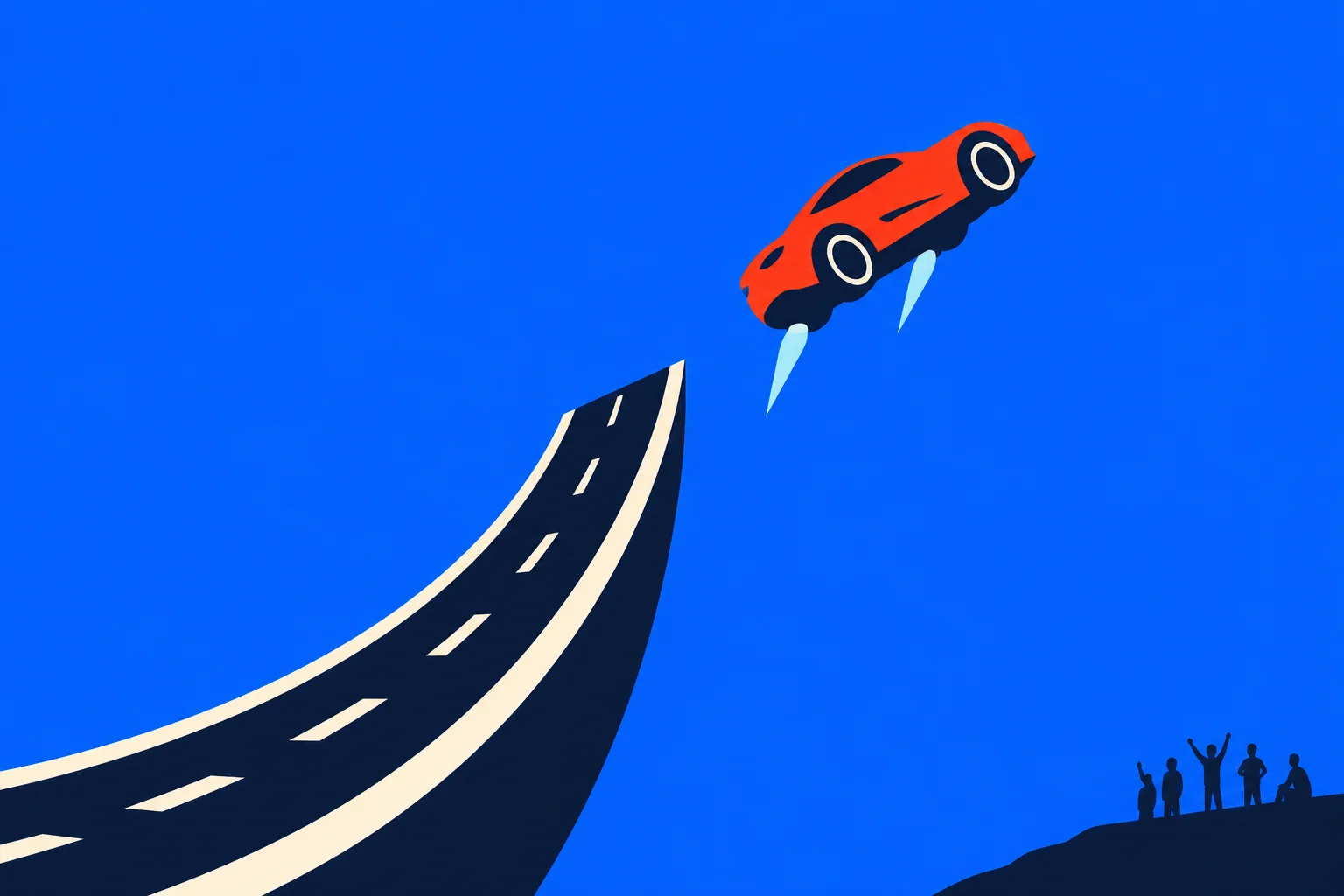 A red sports car with blue rocket exhaust flies off a steep curved road against a bright blue sky as five silhouetted spectators watch.