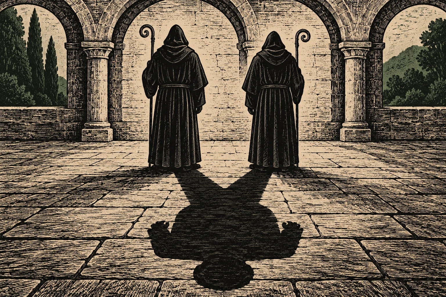 Two hooded monks holding crooked staffs stand beneath stone arches, their shadows merging into a horned figure across the courtyard floor.