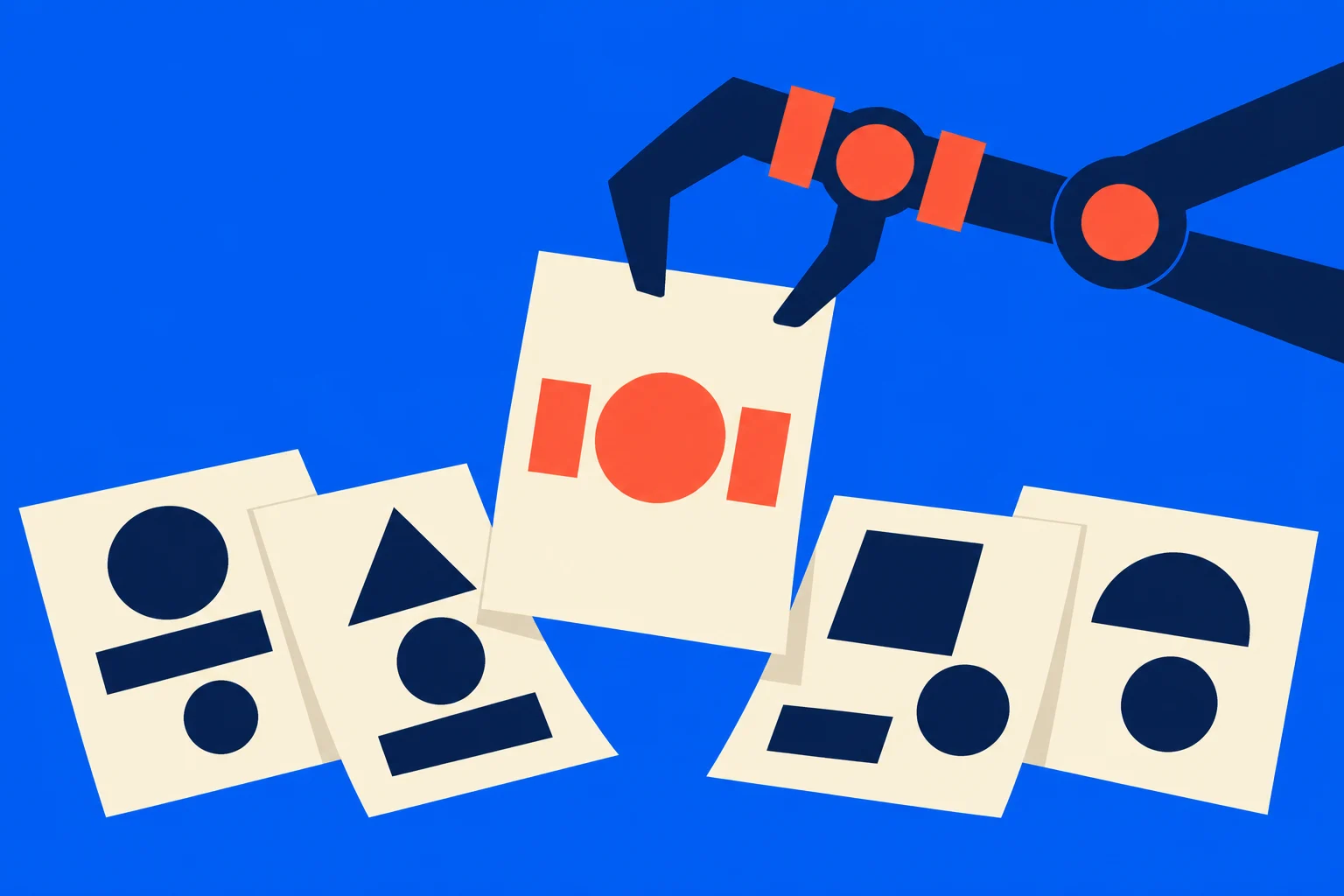 A robotic claw holds a cream card with orange geometric shapes above four overlapping cards displaying navy shapes on a bright blue background.