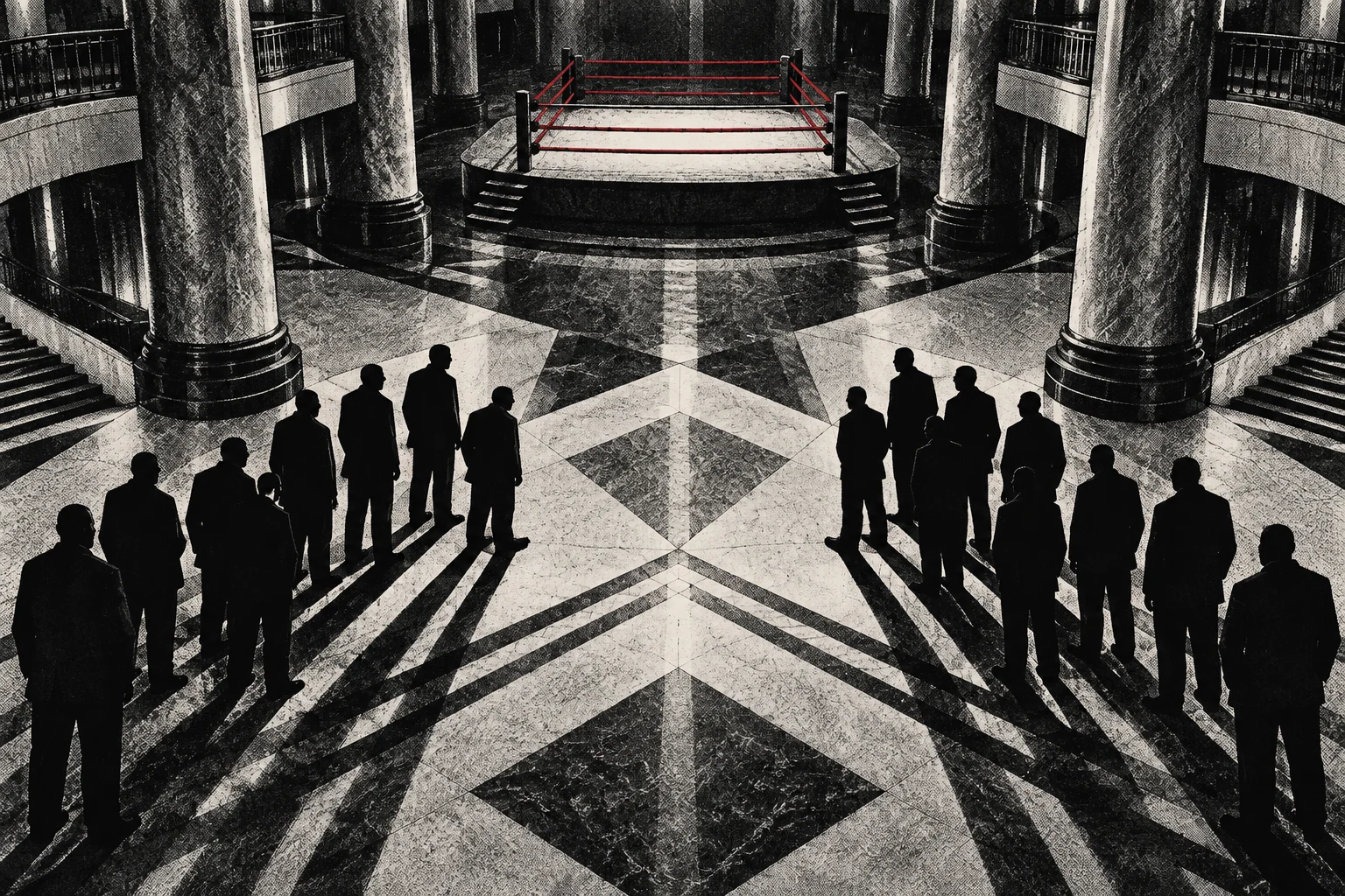 Two groups of silhouetted people face a boxing ring with red ropes in a grand marble hall, casting long shadows across the patterned floor.
