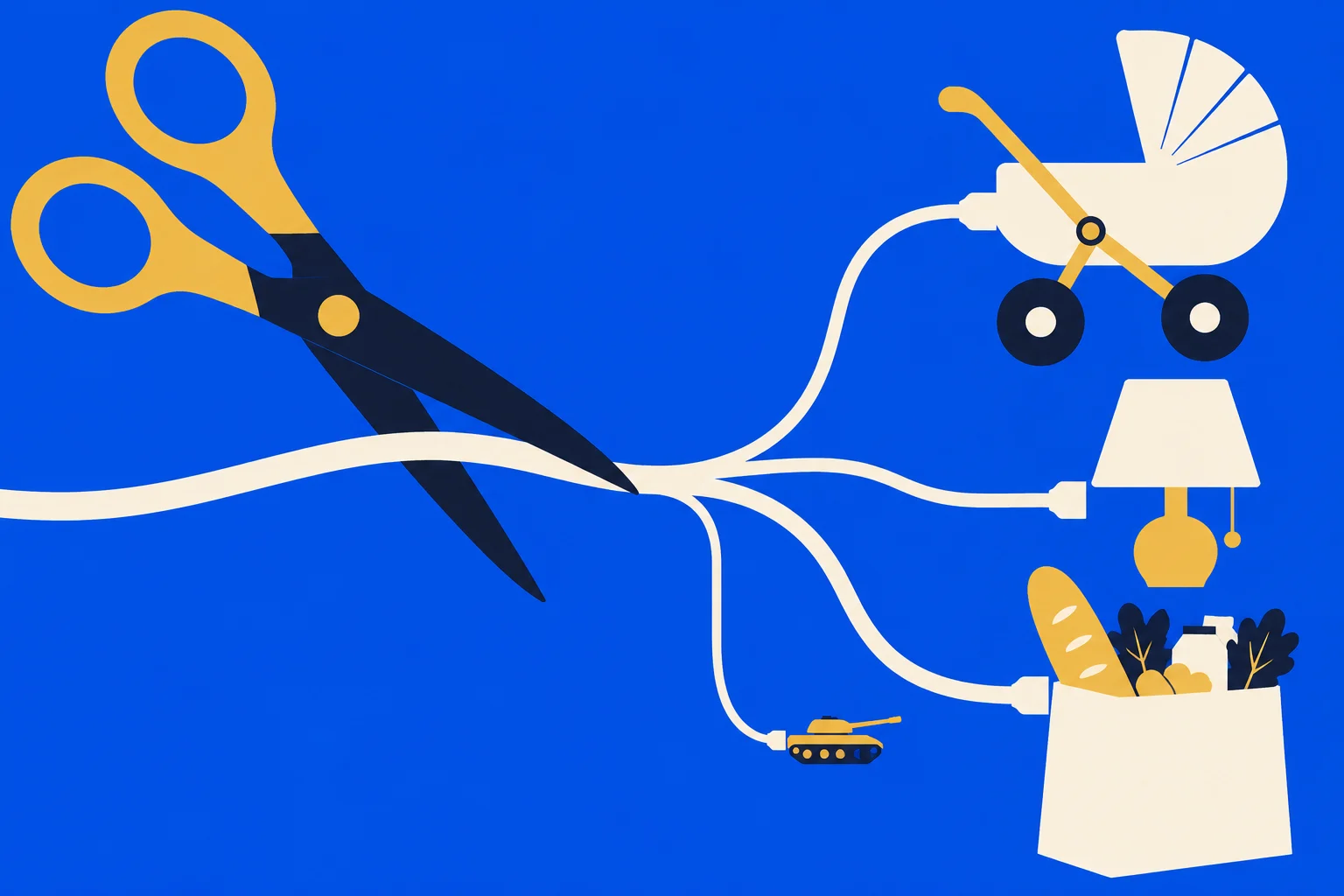 Large scissors cut branching cords connected to a baby carriage, lamp, grocery bag, and small tank against a blue background.