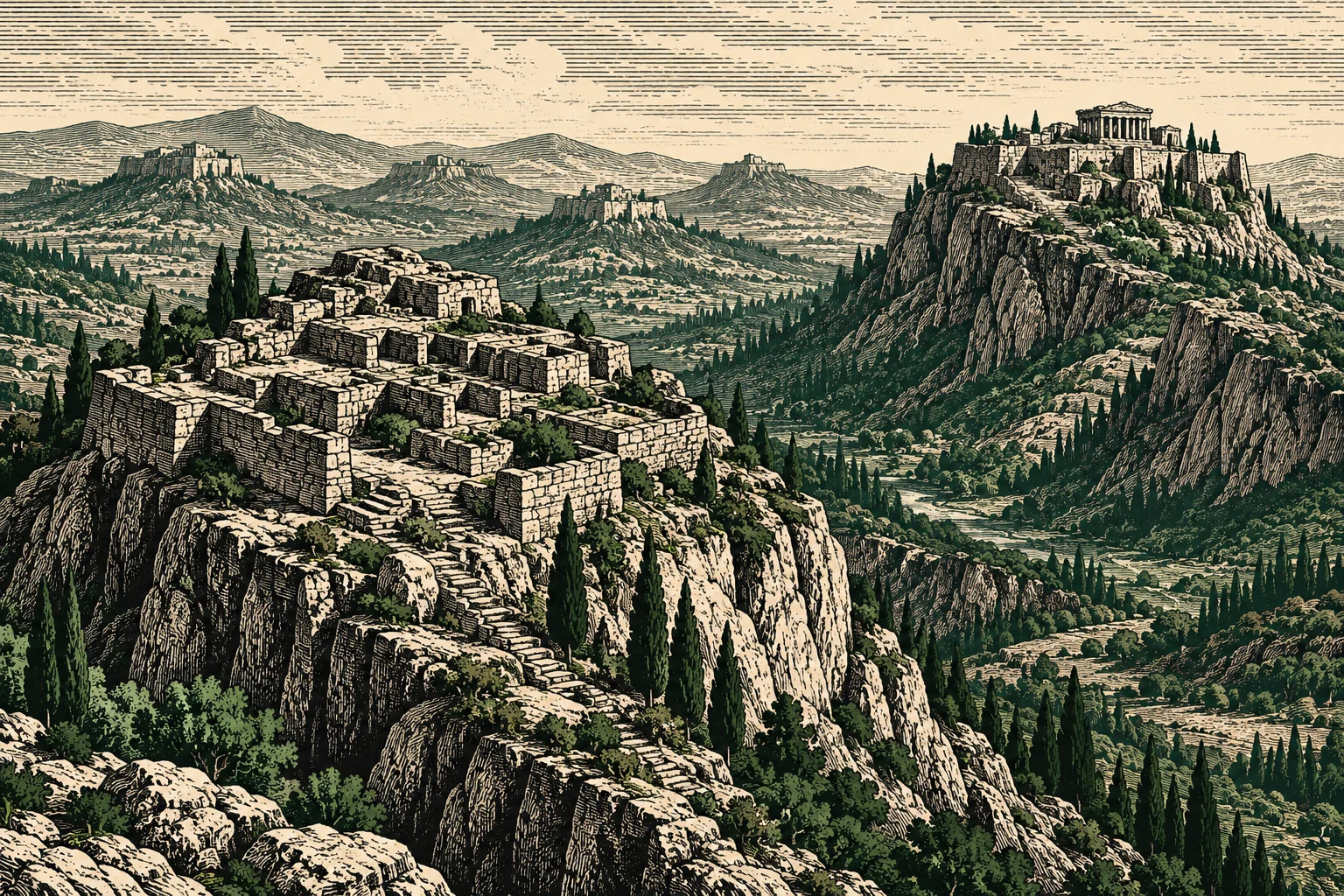 An antique-style illustration shows stone ruins and a classical temple atop rocky hills, surrounded by cypress trees, winding valleys, and distant mountains.