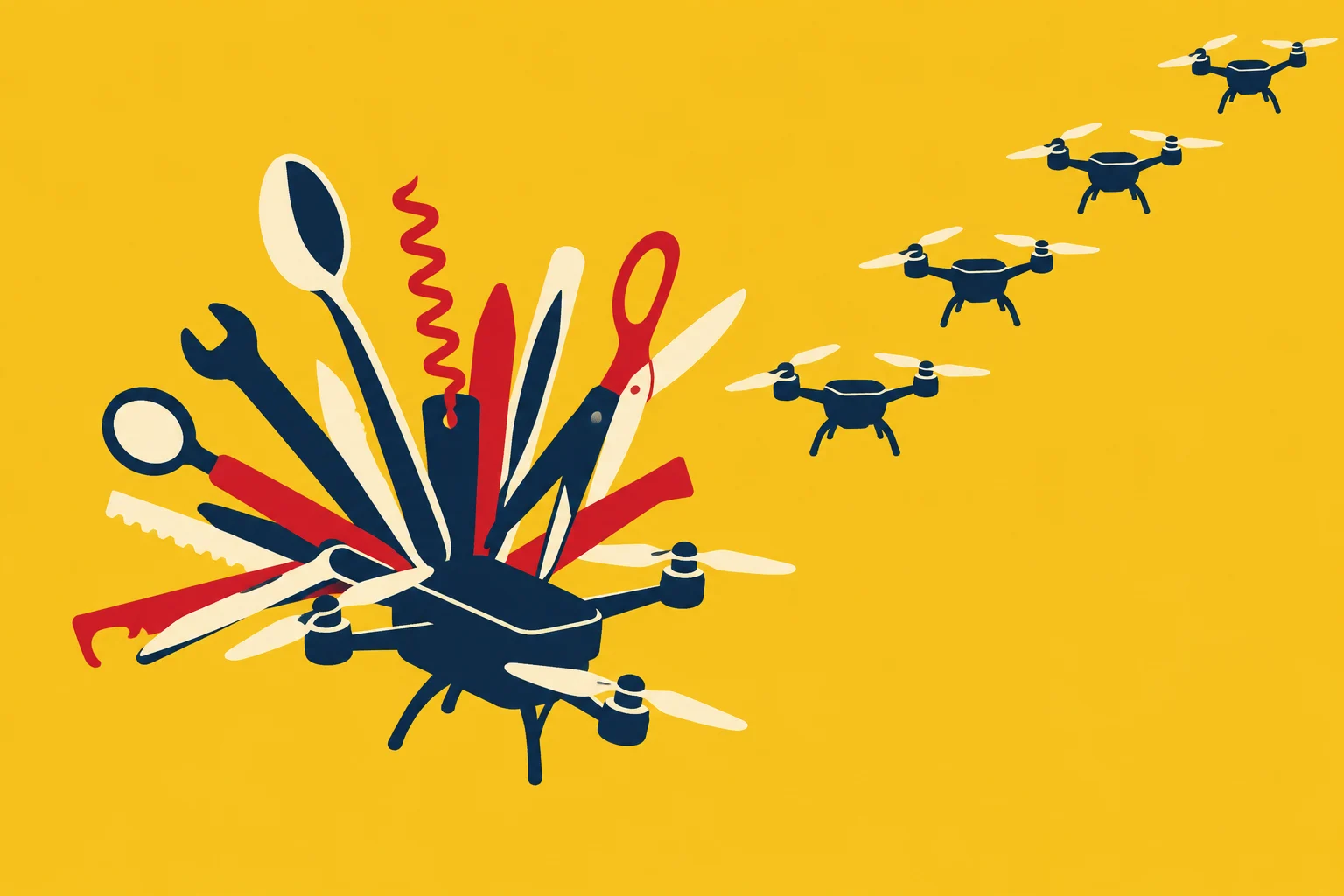 A large drone bristling with assorted hand tools leads four smaller drones diagonally upward against a yellow background.