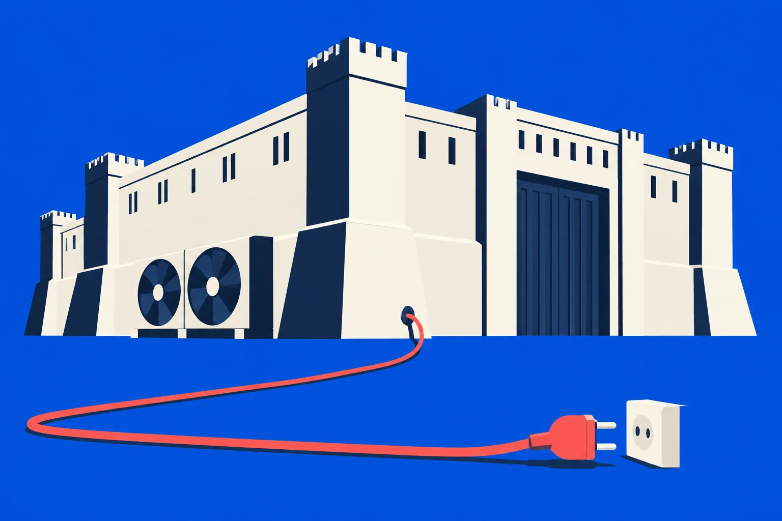 A cream-colored fortress with cooling fans connects to a red electrical cord whose unplugged plug lies beside a socket against a blue background.