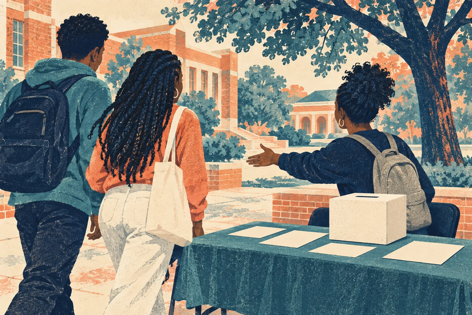Three students gather at an outdoor campus table, where a seated student gestures toward two standing students beside papers and a slotted box.