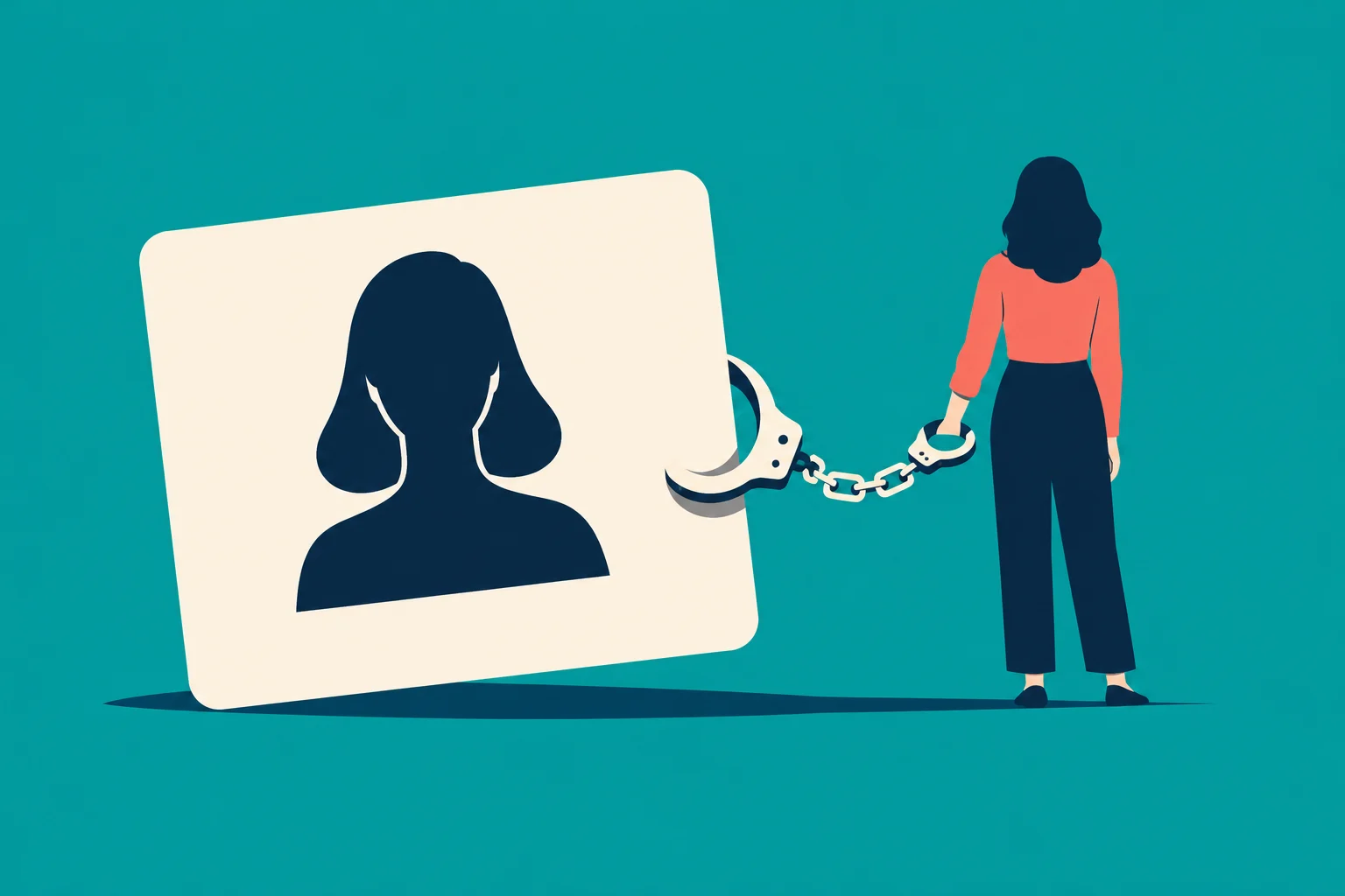 A woman is handcuffed to a large tilted identity card bearing a female silhouette against a teal background.