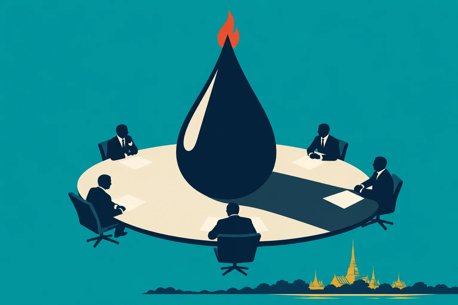 Five suited men sit around a conference table beneath a giant flaming oil droplet, with golden temple spires in the background.