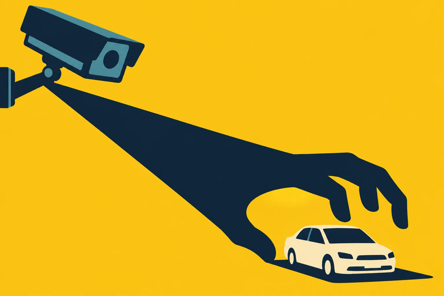 A surveillance camera casts a long, hand-shaped shadow reaching around a small cream-colored car against a yellow background.