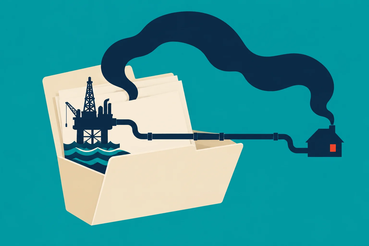 An open file folder holds an offshore oil platform connected by a pipeline to a house, with dark smoke curling overhead against a teal background.