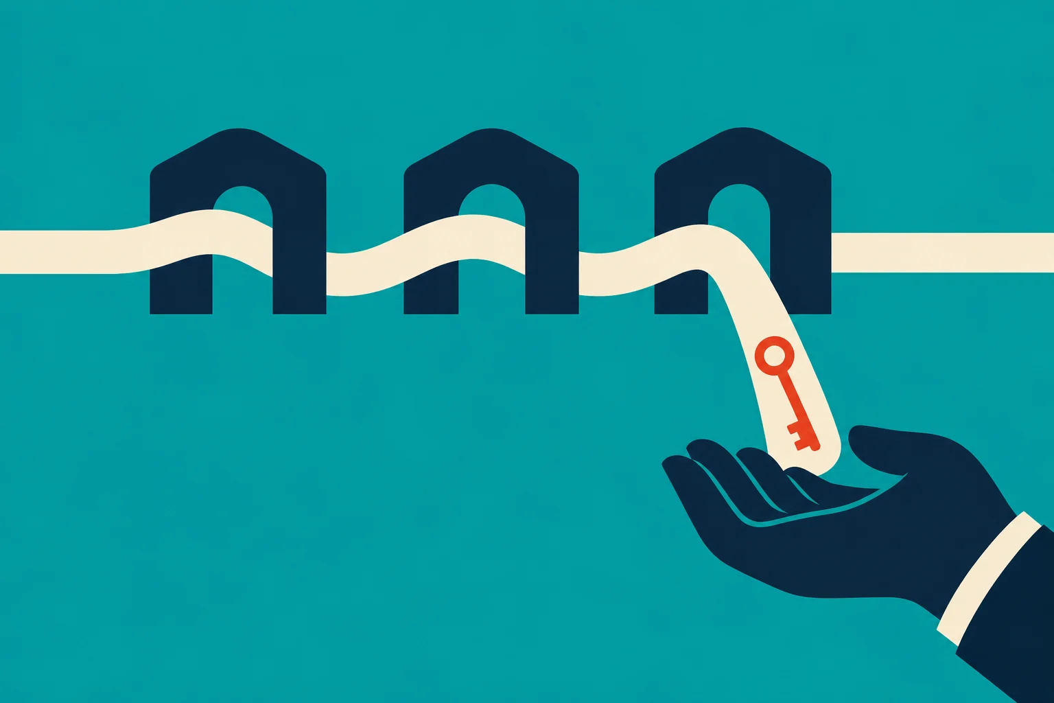 A cream ribbon winds through three dark blue house shapes and drops a red key toward an outstretched hand against a teal background.