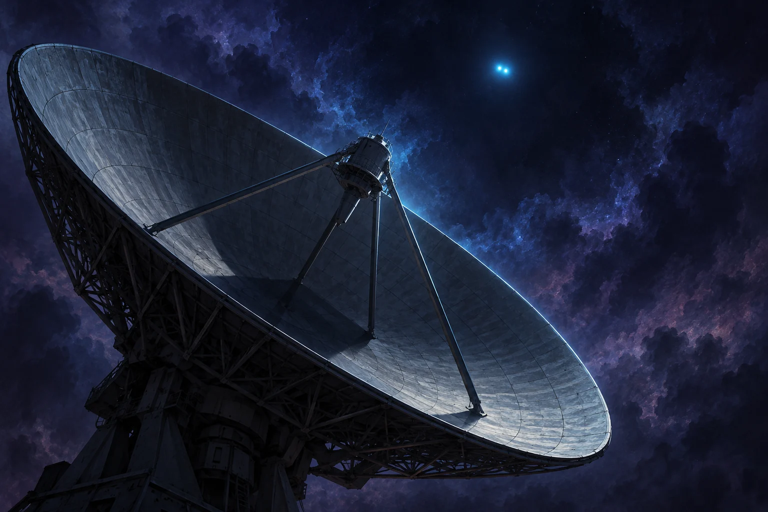 A massive radio telescope dish points toward a dark, cloud-filled night sky with two bright blue lights overhead.