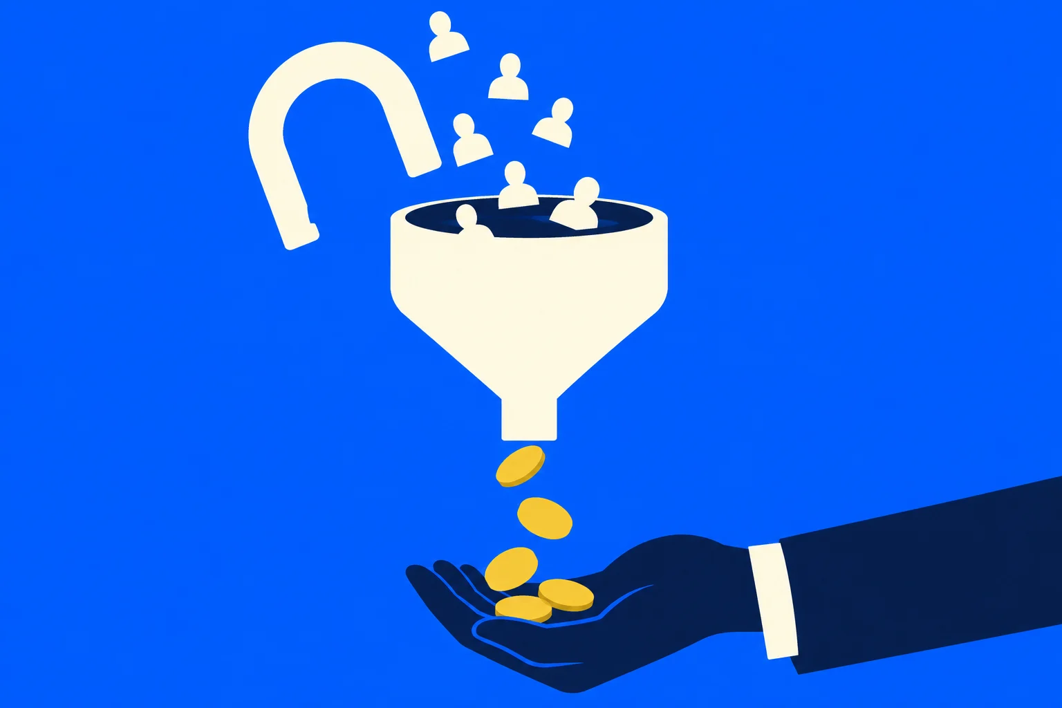 An open padlock and person icons feed into a funnel that drops gold coins into an outstretched hand against a blue background.